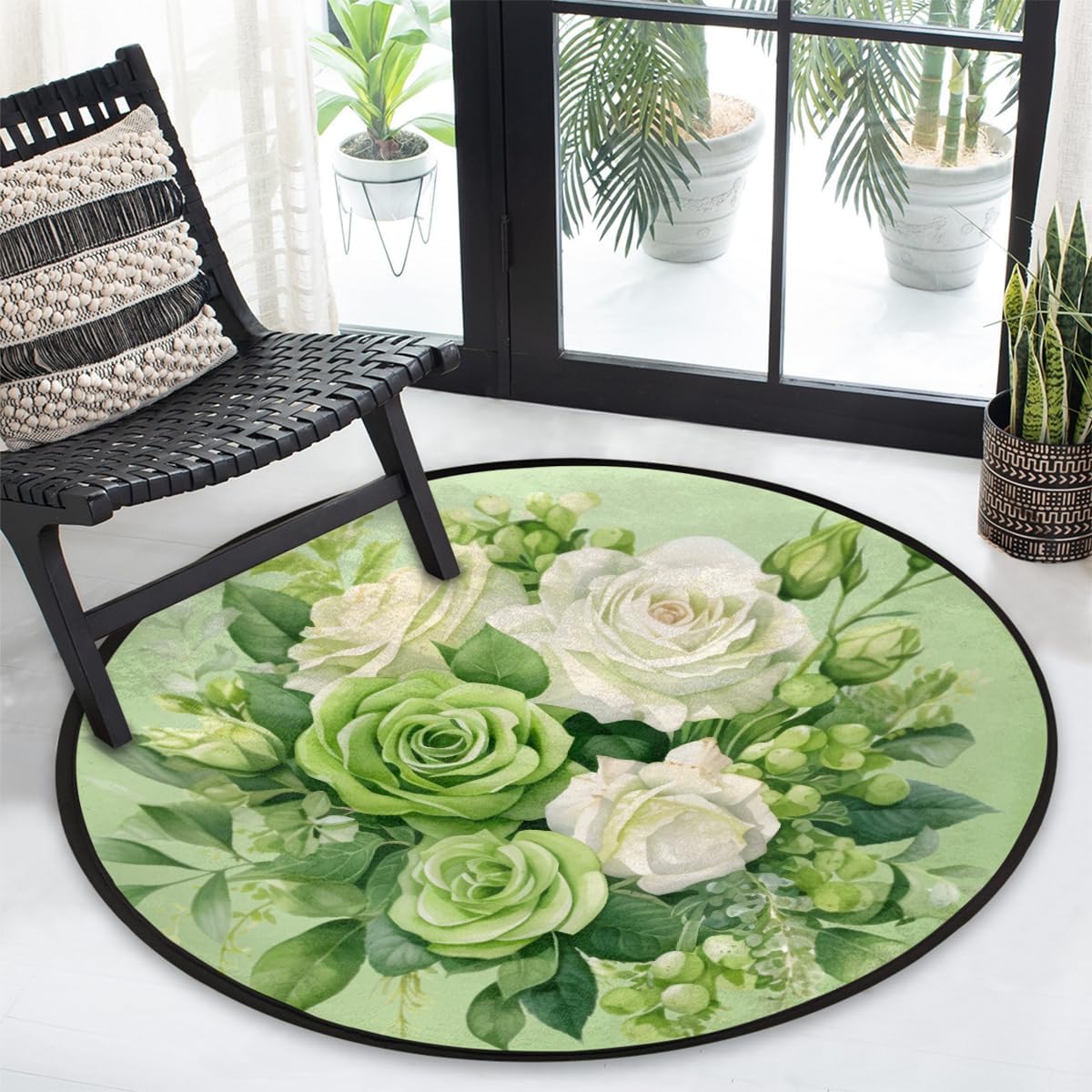 Round Rug 5ft Flower Floral Green Indoor Circle Area Circle Rugs Washable Non-Slip Bedside Indoor Doormat for Living Room Bedroom Playroom Nursery Room Decor Carpet Mat Splat Mat for High Chair