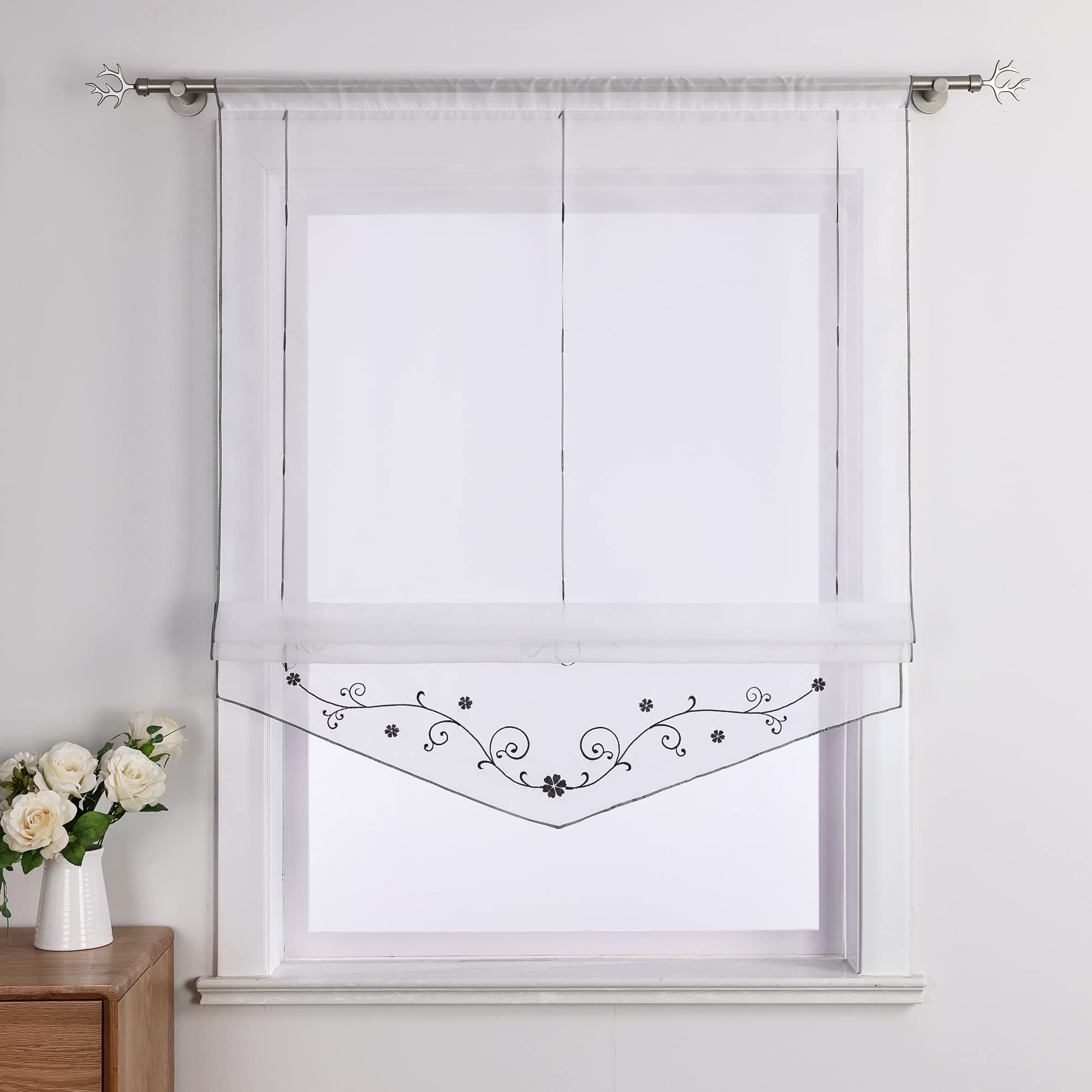 Yujiao Mao Voile Raffrollo Küche Gardine Mit Stickerei Bändchenrollo Mit Tunnelzug Transparent Raffgardine Weiß Grau BxH 120x140cm 1 Stück