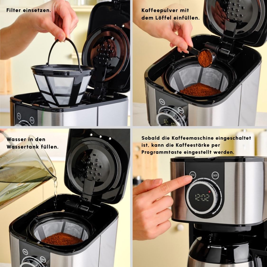 KARACA Série 2303 Cafetière Filtre Inox, Machine à Café Filtre en Acier Inoxydable, Cafetiere à Goutte de 1,2L avec Minuterie Programmable, Fonction Maintien au Chaud, Contrôle de L'arôme, Noire