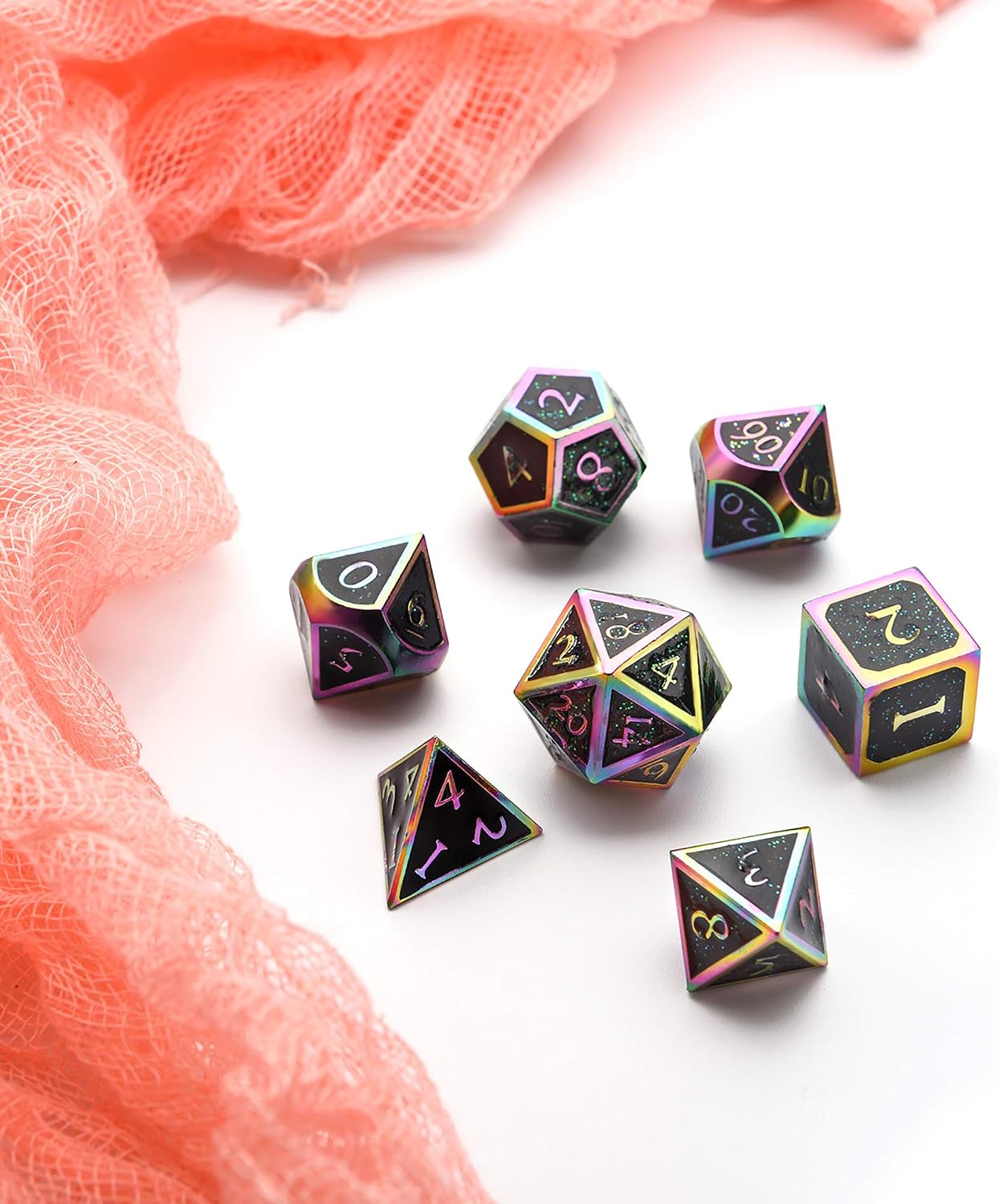 HESTYA 7 Pieces Metal Dices Set Game Polyhedral Solid Metal Dice Set with Storage Bag and Zinc Alloy with Enamel for Role Playing Game Dungeons and Dragons, Math Teaching (Colorful Pink Black)