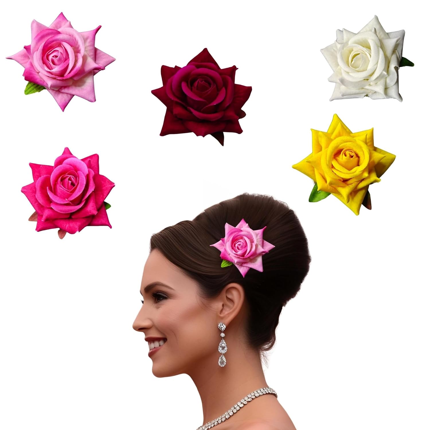 ANVIK Artificial Rose Flowers Hair Clips/Pins For Women’s and Girls Floral Hair Accessories,Flower Hair Accessory Set of 5 Red, Dark pink, Light Pink White and Yellow