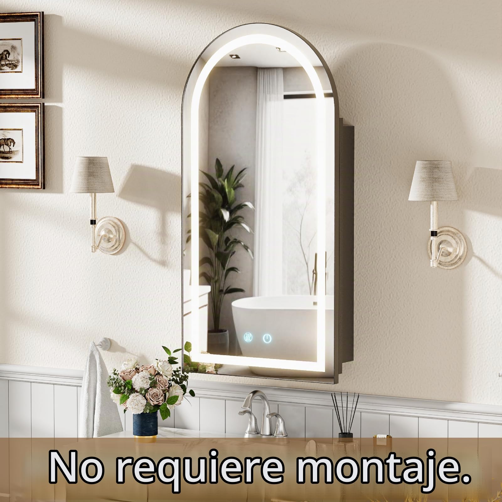 Armario Baño con Espejo LED iluminación y Función de Desempañado (No Requiere ensamblaje) Antivaho Arqueada Metal Armario de Pared Colgante con 2 Estanteria Negro 40x79x12.5 cm