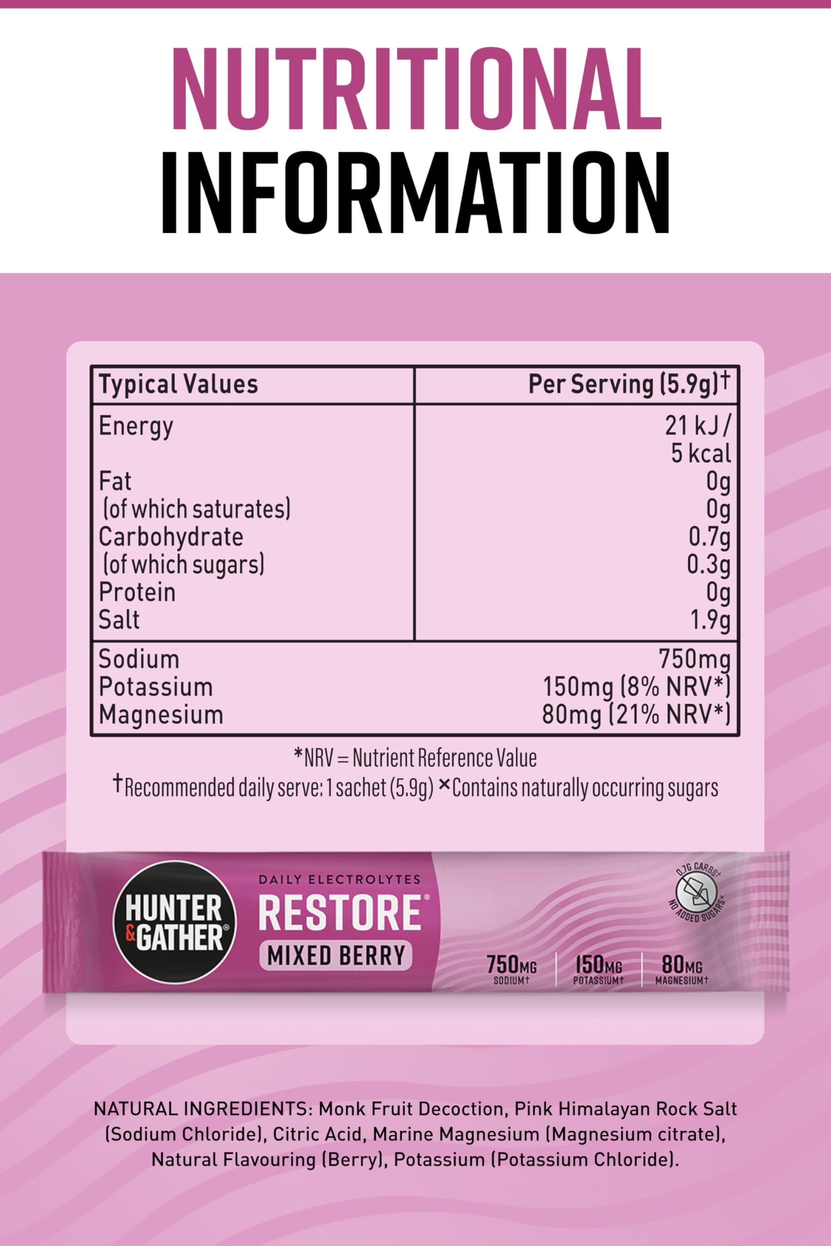 Hunter & Gather Restore Electrolitos x 30 bolsitas I sin azúcar añadido o edulcorantes artificiales I Hidratación 100% natural I Relación mineral óptima con sal rosa del Himalaya I Keto I con fruta de