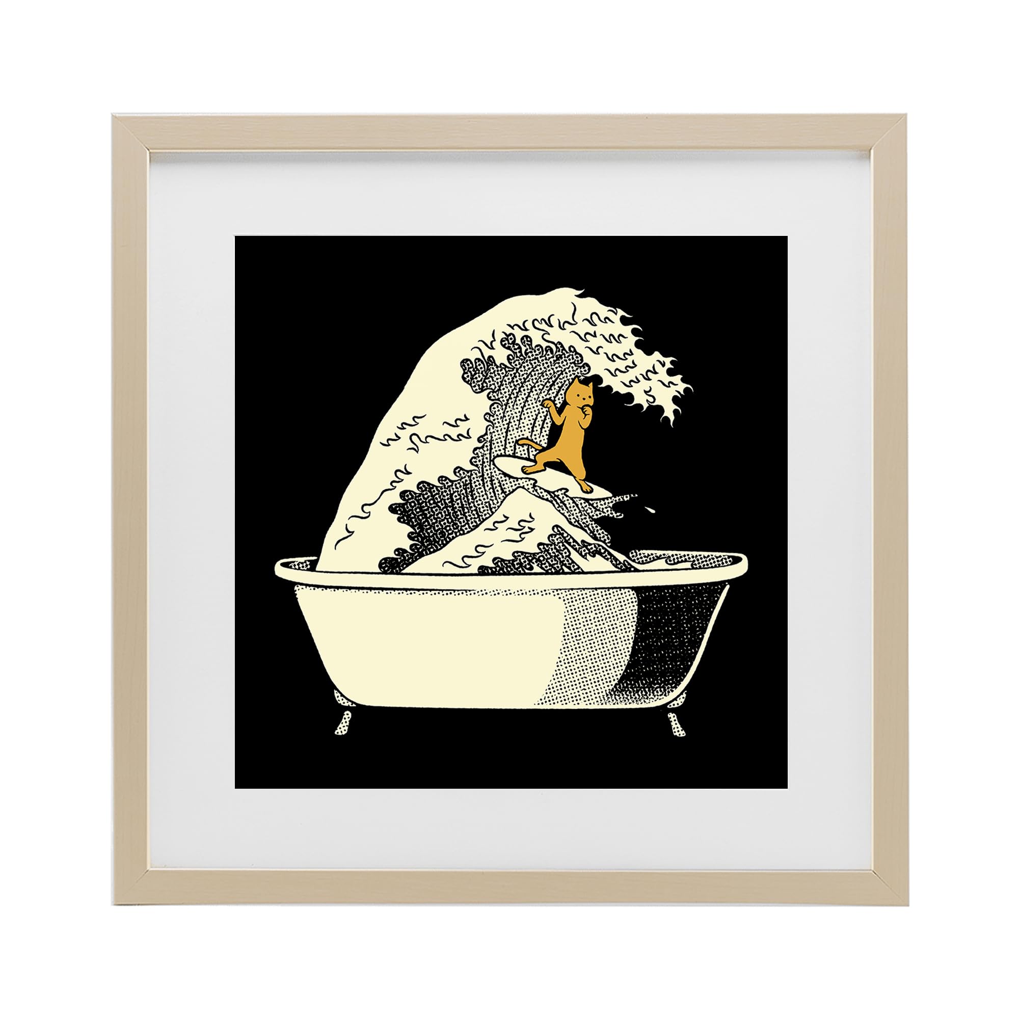 Stupell Industries Harvest Pine (Textured) Kanagawa Bathtub Cat Whimsical, 16 X 16 Inch Framed Print Under Glass
