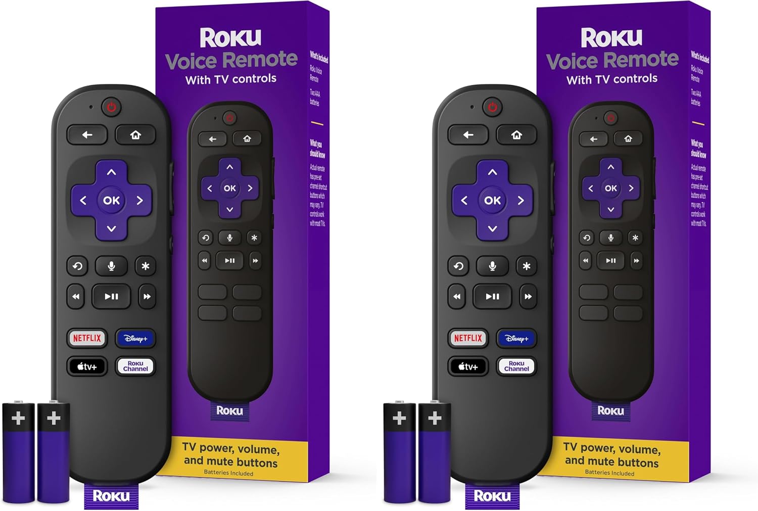Voice Remote | Replacement TV Remote Control with Voice Control, Simple Setup, & Pre-Set App Shortcuts - Compatible with Roku TV, Players, & Audio Devices (Pack of 2)