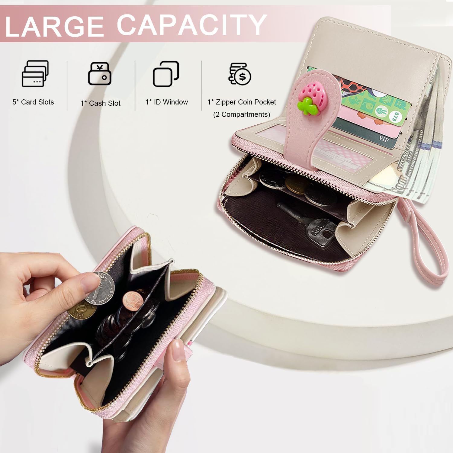 Sunwel Fashion Cutest Fruit Prints Wallet Card Slots Small Wallet with Zipper Coin Pouch Wallet for Women Girls (PINK STRAWBERRY) - Image 3