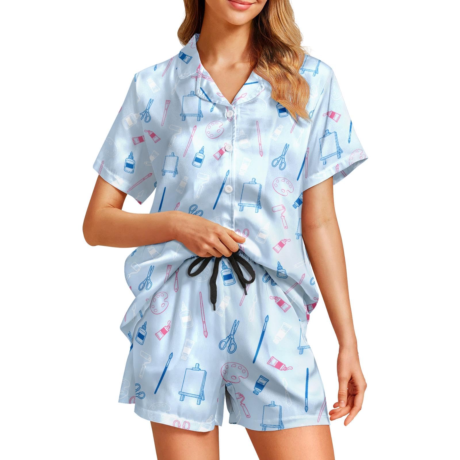 Funny Pajamas for Women Set Print Satin Loungewear Pjs Short Sleeve Button Down Top and Shorts Sets Sleepwear XS-3XL