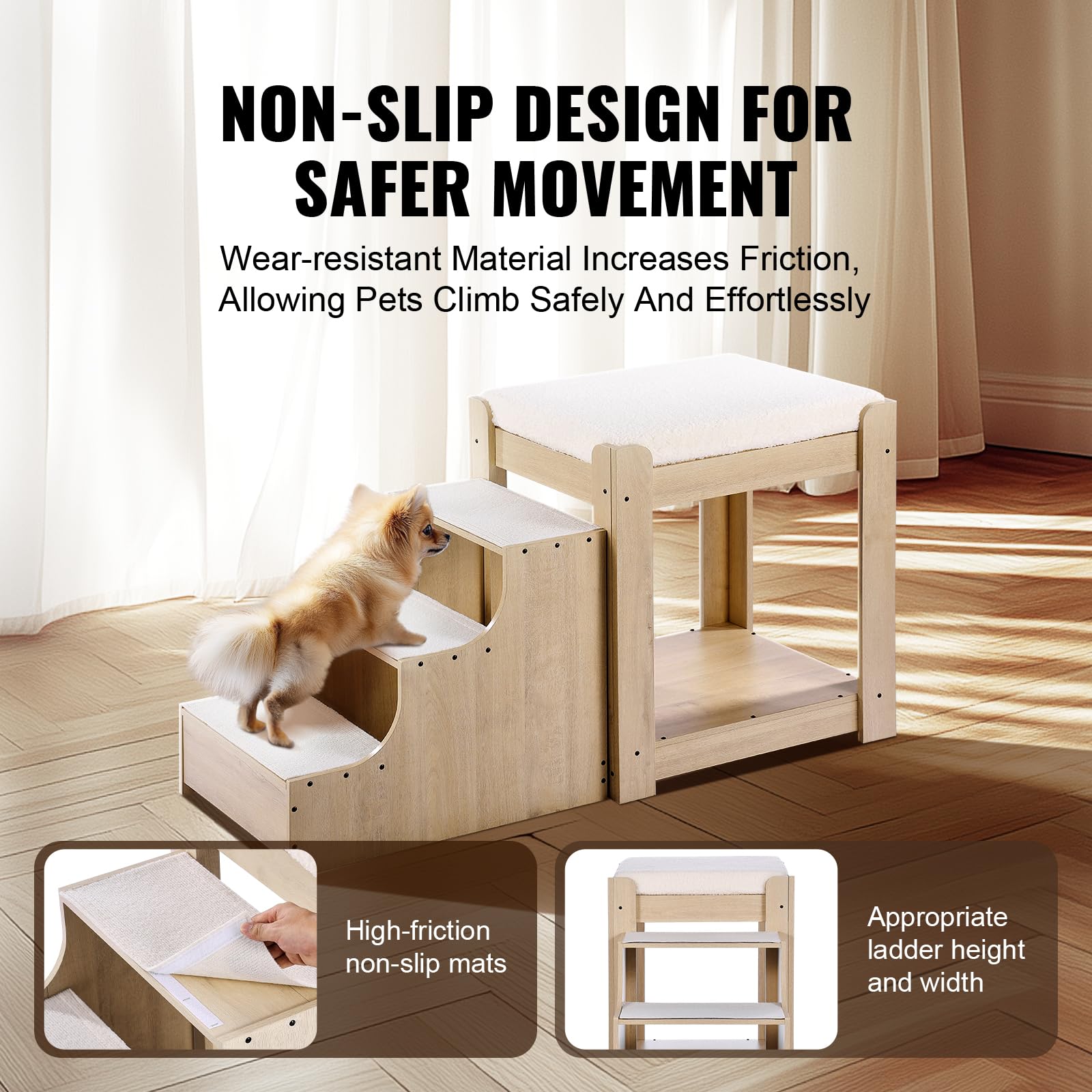 VEVOR Letto a Castello per Animali Domestici con Scale, Trespolo per Finestra per Cani/Gatti a più livelli per Uso Interno Accanto a Letto, Piattaforma di Seduta Rialzata con Cuscino in Schiuma, Beige