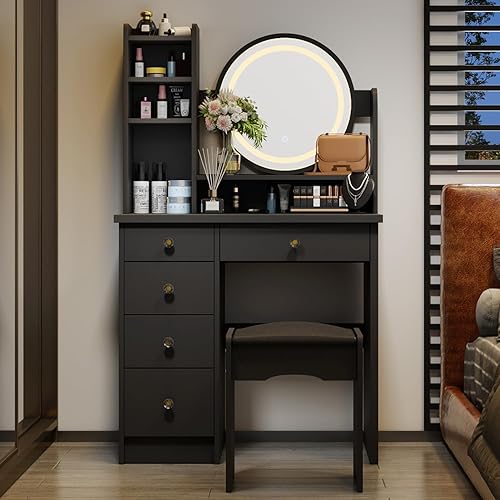 Miniatura 28 de FUFU&GAGA Juego de tocador blanco con espejo redondo iluminado, tocador de maquillaje con 5 cajones, estantes, tocador y taburete acolchado