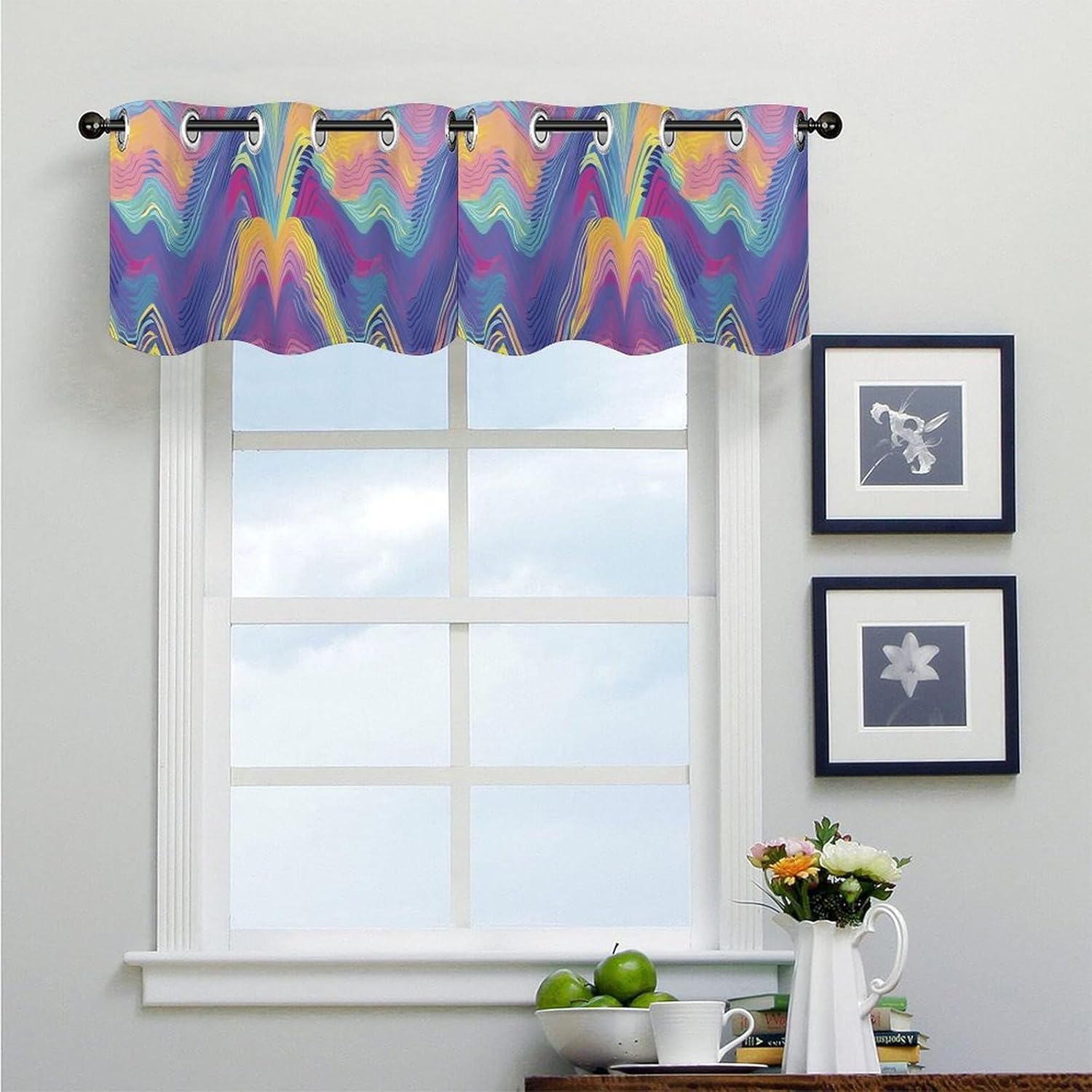 Blue and Peach Style Valance for Windows, 2 Pack Kitchen Curtains Modern Home Decor, Soft Blackout Window Curtains for Living Room & Bedroom, 18 X 52 Inch