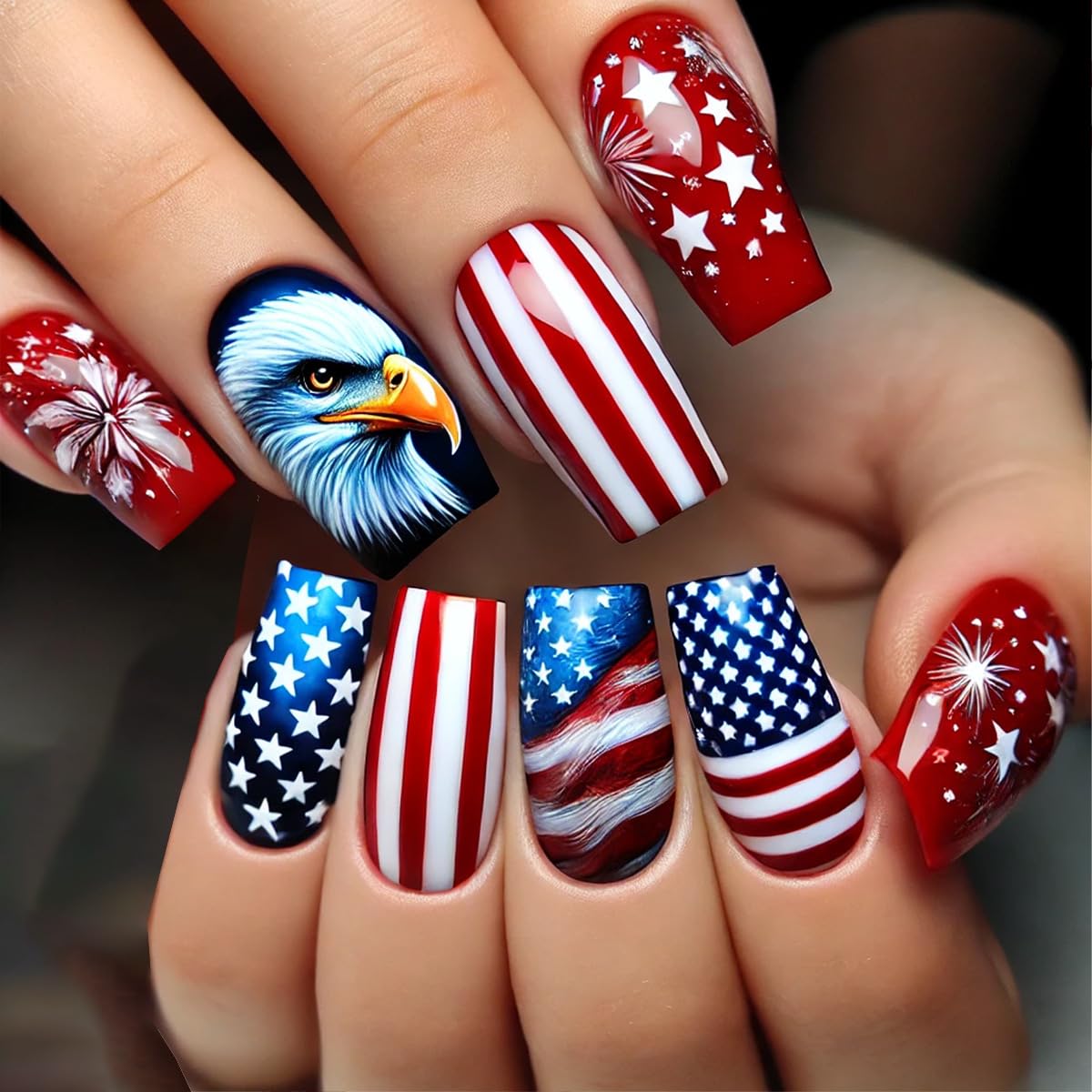 Medium Press on Nails Independence Day Fake Nails with Fireworks and Stripe Designs Bald Eagle Glue on Nails 4th of July Flag Stick on Nails Blue Red