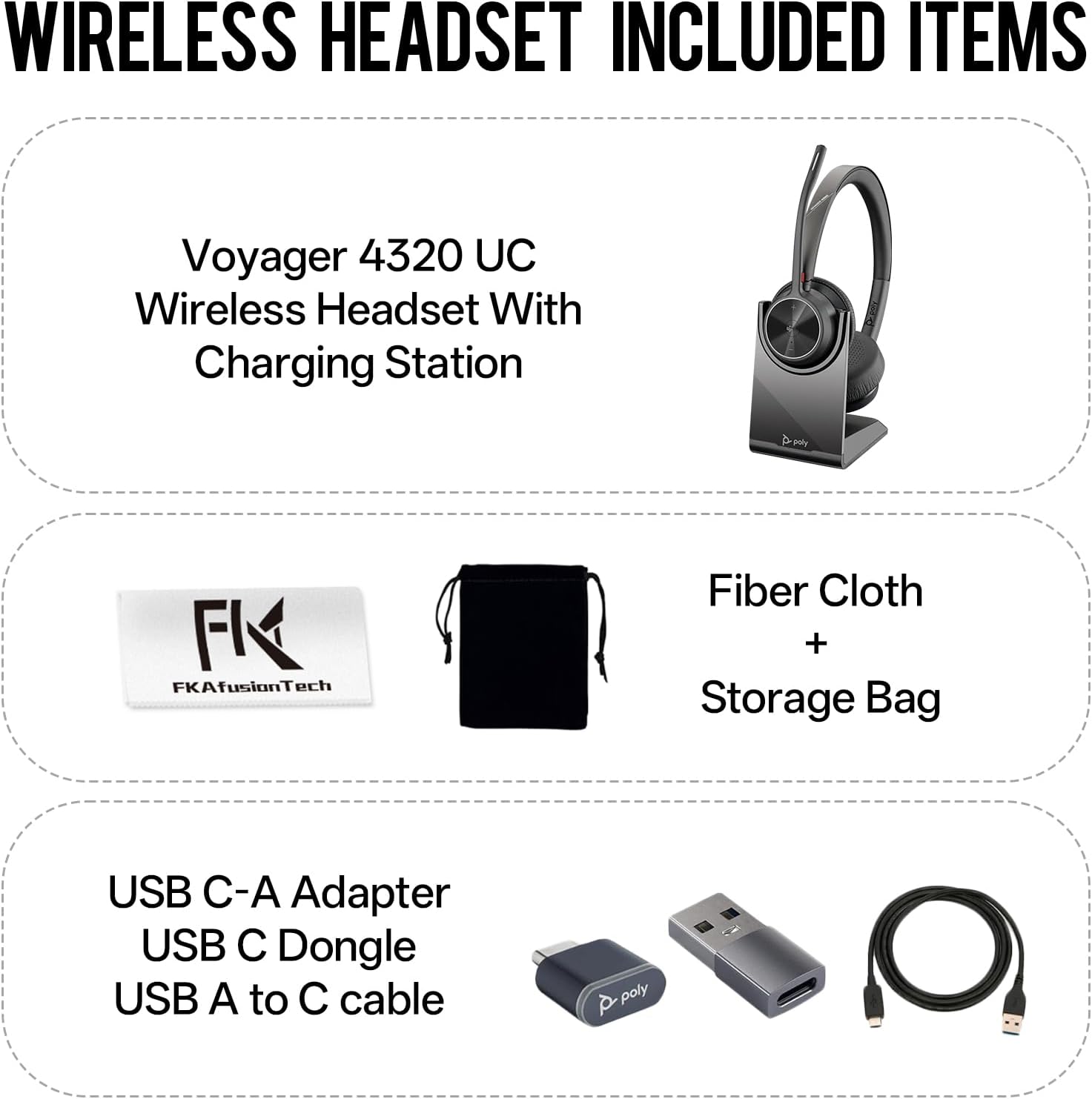 Poly Voyager 4320 UC Wireless Headset & Charge Stand - Connects to PC/Mac/Mobile Phone via Bluetooth with USB-C to A Adapter & USB C Dongle & USB A-C Cable & Storage Bag and Fiber Cloth