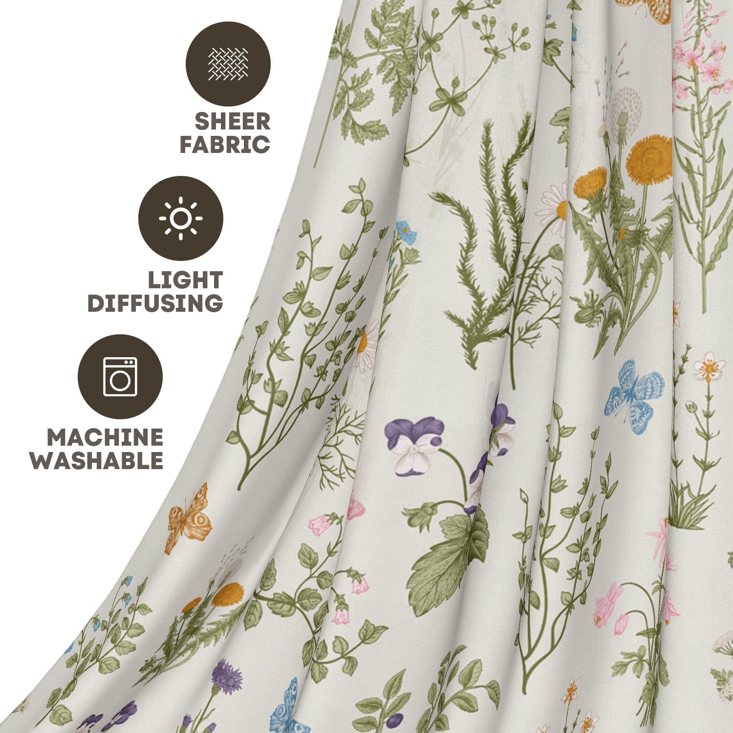 Horaldaily Spring Sheer Curtains for Living Room and Bedroom, Watercolor Wildflowers Floral Window Curtains, Holiday Window Drapes Decor, 52" W x 84" L, Set of 2 Curtain Panels