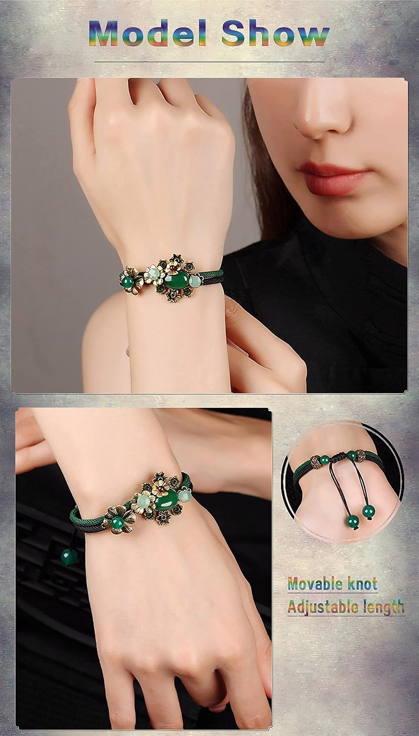 Vintage Prosperity Flowers Jade Beaded Bracelet, Adjustable Rope Lucky Beads Wrap Charm Bracelet for Women Lovers Gift