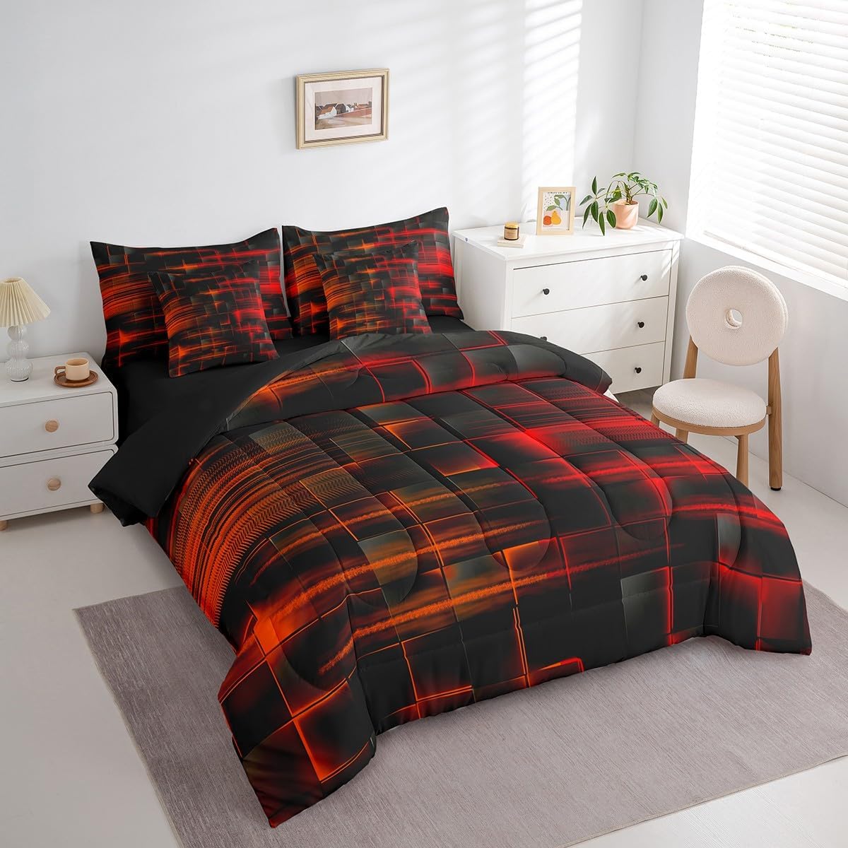 Feelyou Red and Orange Comforter Set with Sheets 7 Piece Queen Size Kids Geometric Bed in a Bag Strip Lines Bedding Set Abstract Art Bed Set with Comforter, Sheets,Pillowcases,Cushion Covers