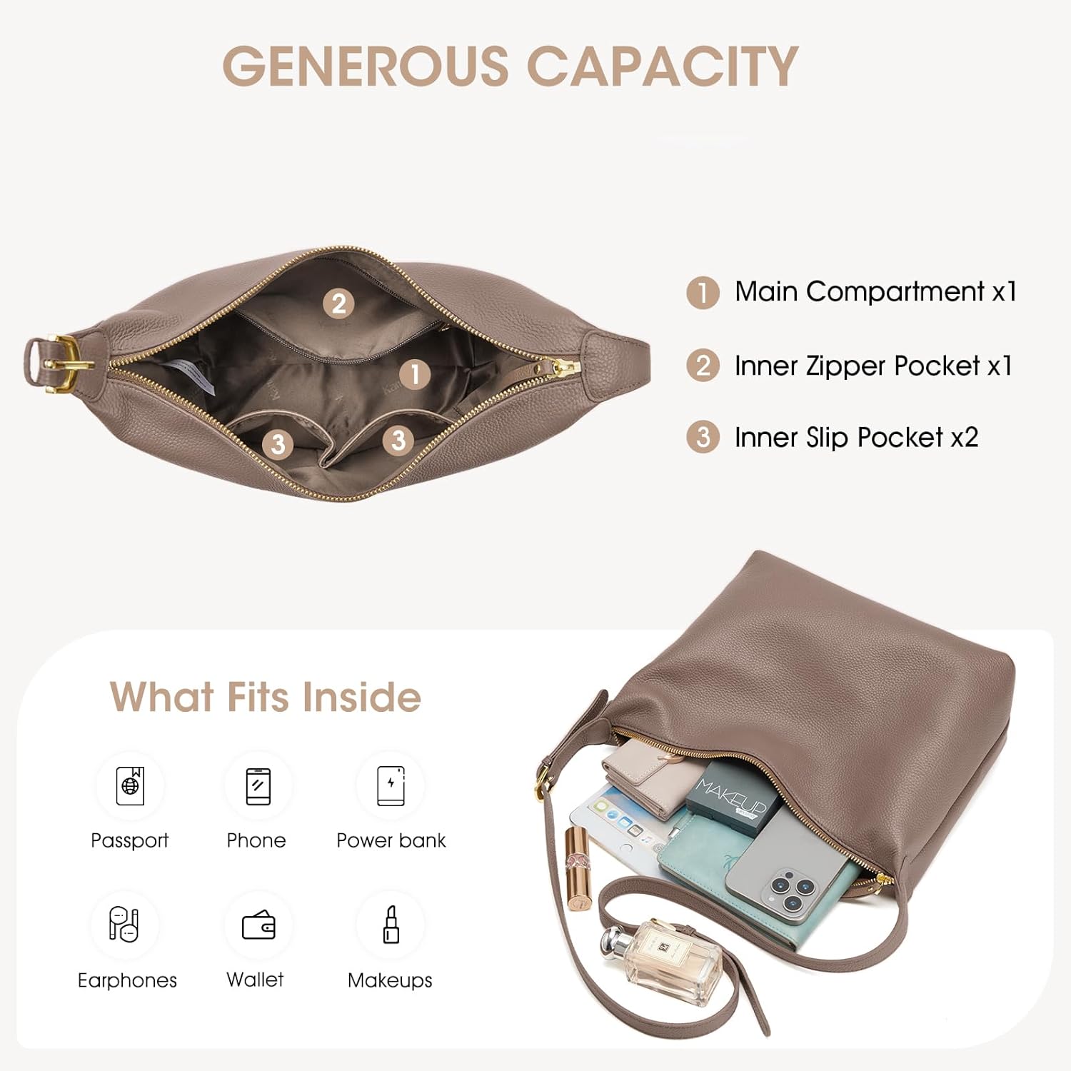 Kattee Meduim Leather Hobo Bags for Women, Soft Genuine Leather Crossbody Handbags Shoulder Purse for Work Casual - Image 5