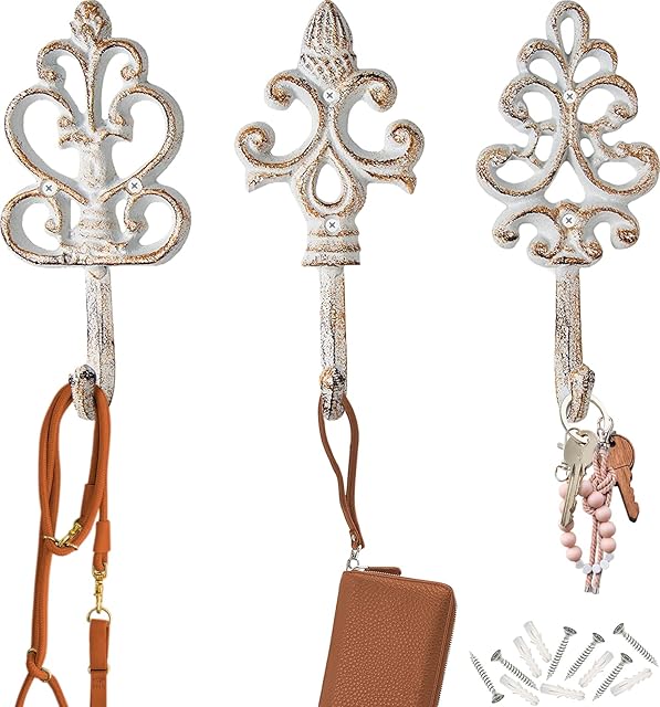 Antique Chic Cast Iron Decorative Wall Hooks - Rustic - Shabby French Country Charm - Large Decorative Hanging Hooks - Set of 3 - Screws and Anchors for Mounting Included