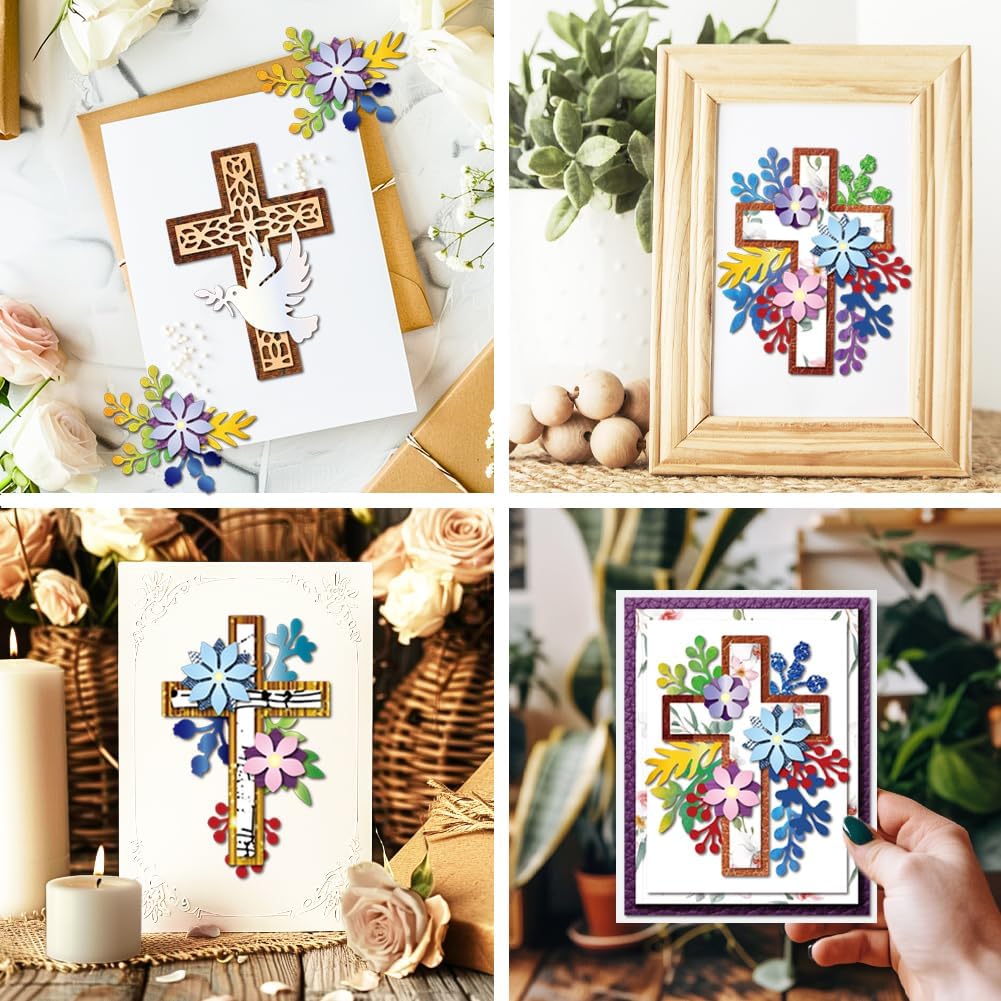 MAYJOYDIY Easter Flower Cross Die Cuts for Card Making Pigeon Olive Leaf Metal Cutting Dies Religion Cross Frame Embossing Cutting Stencil for Scrapbooking Craft Paper Easter Card Gift Decoration