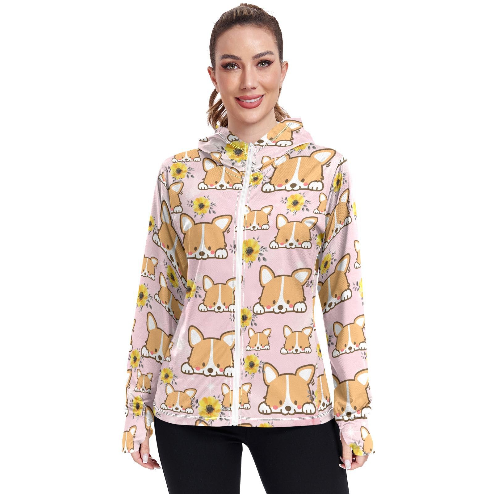 Corgi Flower Women's UPF 50+ Sun Protection UV Jacket - Zip Up Hoodie Long Sleeve Hiking Fishing SPF Performance Shirt with Pockets Thumbhole
