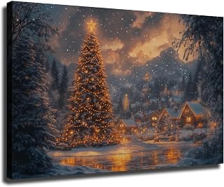 Magical Christmas Tree Village Vintage Painting Style Canvas Print, Farmhouse Decor Art, Nature Picture Wall Hanging Fine Canvas Art (Framed,28×40 inch)