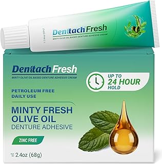 Denttach Fresh Denture Adhesive with Invigorating Mint Flavor, Petroleum Free Olive Oil Based Denture Cream for Full and Partial Dentures, All Day Hold Denture Glue, Zinc Free, 2.4 Ounce