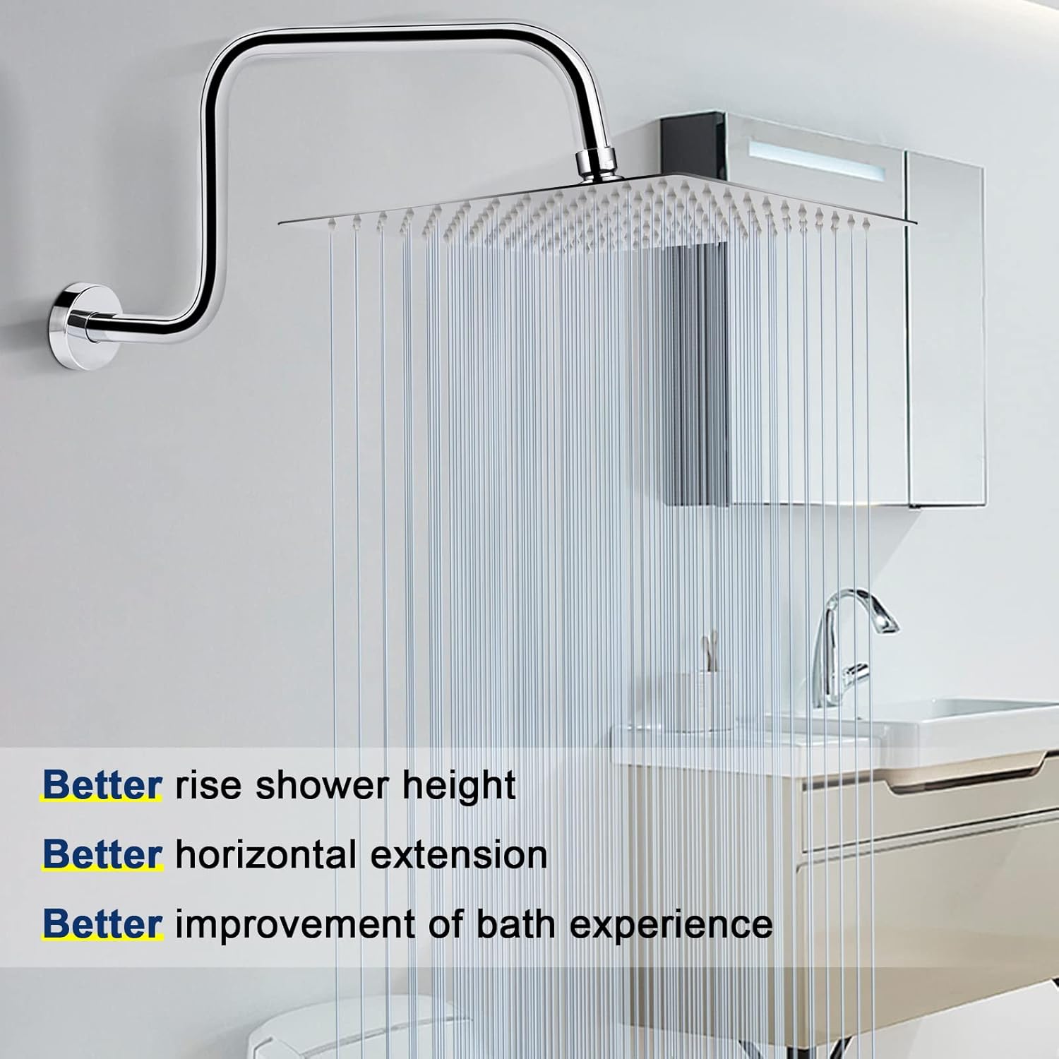NearMoon S Shape Shower Extension Arm with Flange, Stainless Steel High Rise Shower Head Extender Pipe, Horizontal Extension Standard 1/2" Connection- Bathroom Accessory, 16 Inch (Chrome Finish)