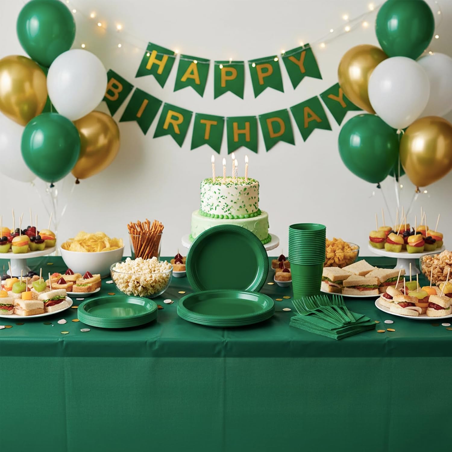 Green Plastic Plates for Party,50 Guest - 7&9inch Plates,Napkins,Forks,Cups & Tablecloths,Disposable Party Supplies for Birthday,Picnic,Christmas,Summer Activities