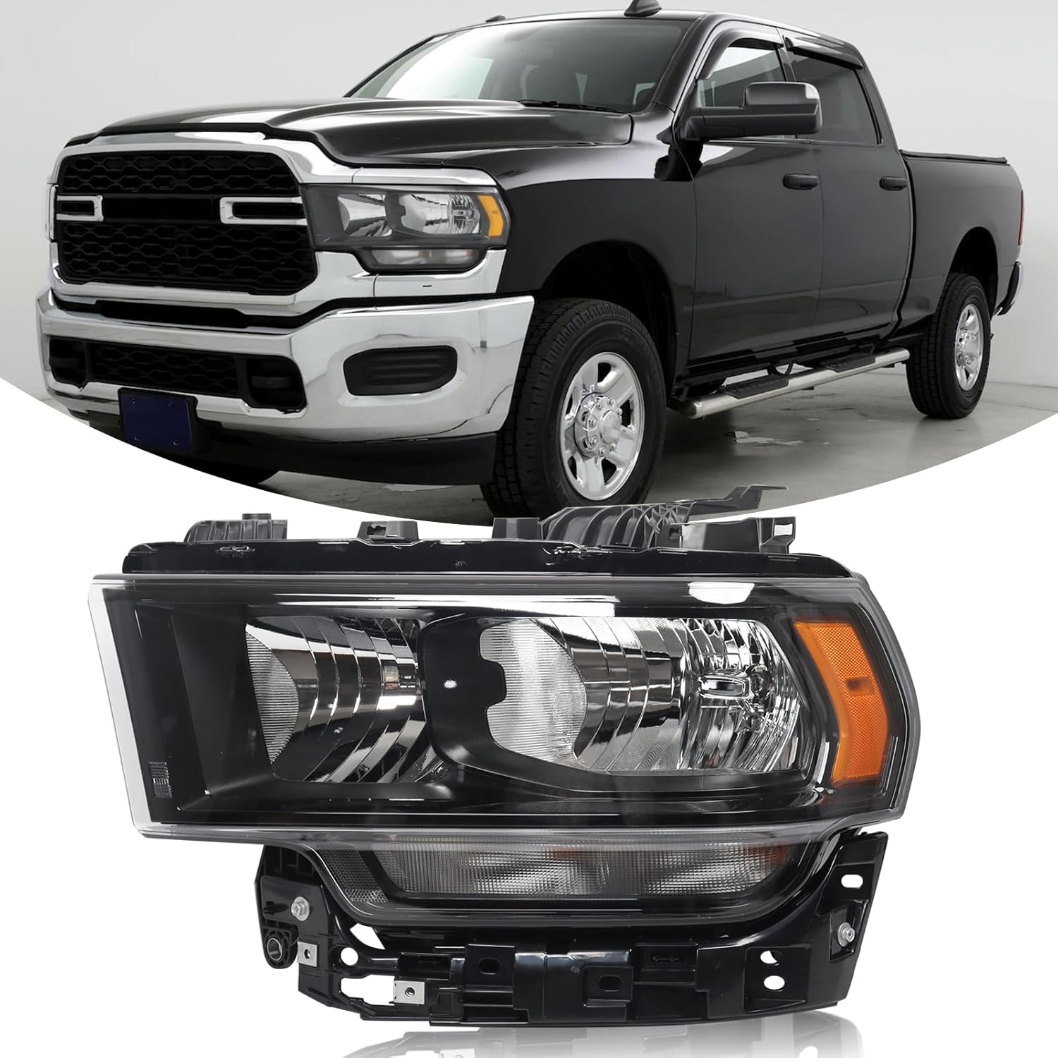 Left Black Headlights Assembly Compatible with 2019-2024 Dodge Ram 2500 3500 Headlamp Halogen Type With bulb(s) Left Driver Side CH2502338 68406277AE 68406277AD