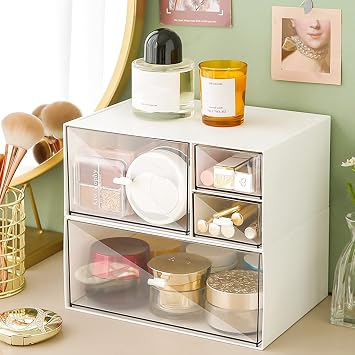 Desk Drawer Organizer, Makeup Organizer Storage Box with 4 Stackable Plastic Drawers, Desk Organizer for Home Collection Cosmetics Office Bathroom Counter Dresser (A)