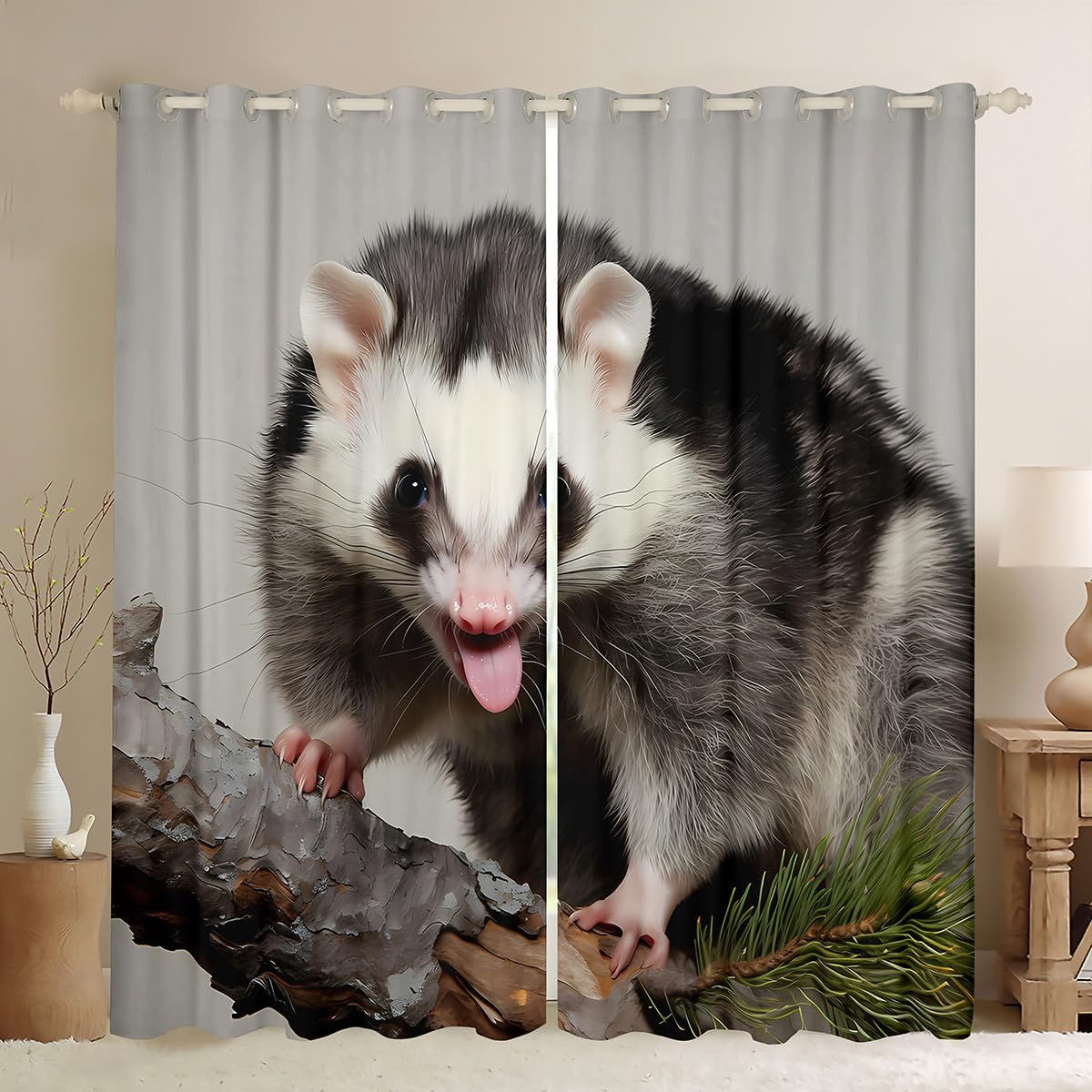 Opossum Blackout Curtains for Bedroom Possum Darkening Dreapes for Kids Boys Girls Teen Adult Opossum Lovers Gift Window Curtains Funny Animal Botanical Leaves Window Treatments，52x84 Inches,2 Panels