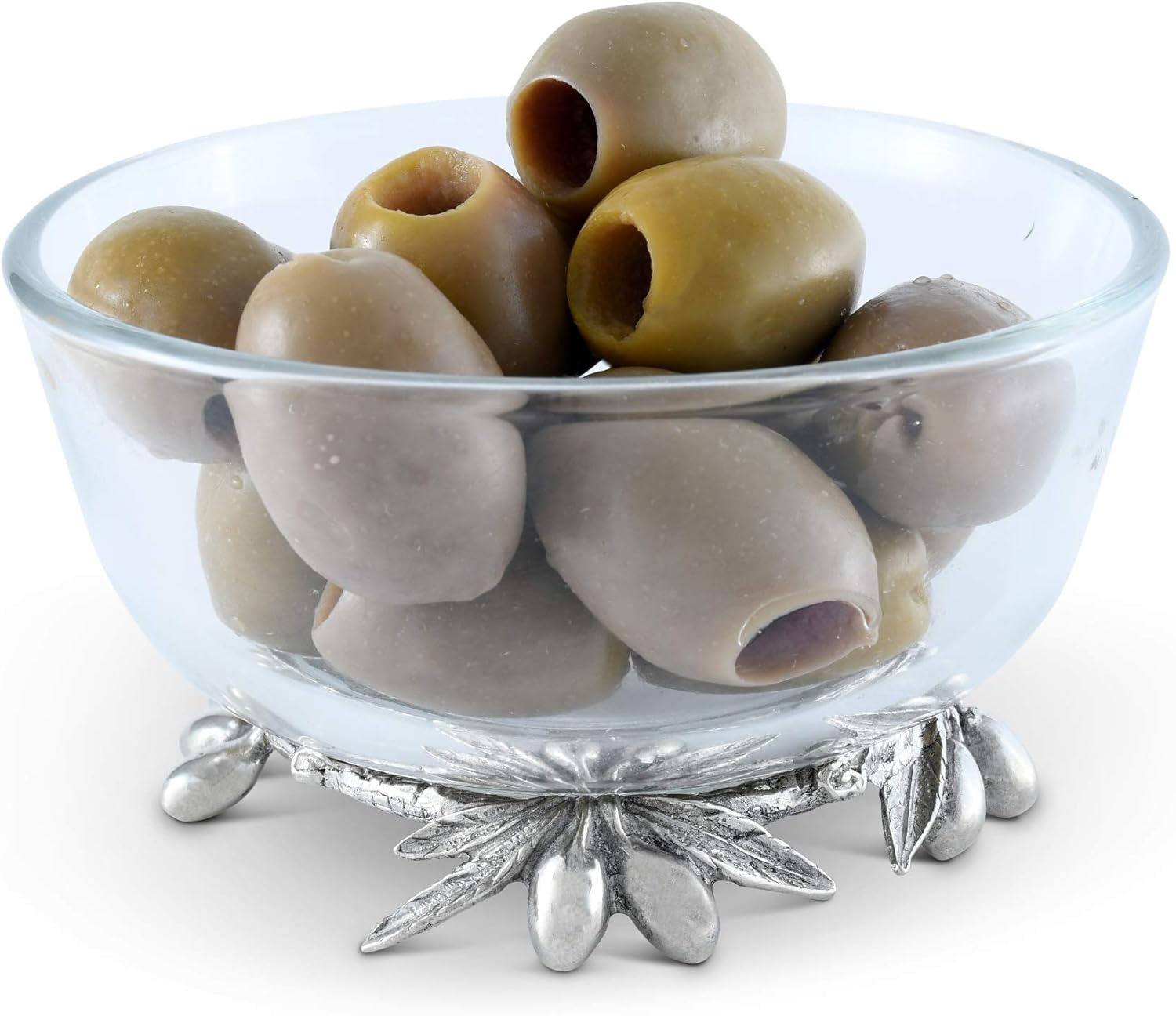 Vagabond House Dip/Olive Glass Bowl Pewter Bowl with Pewter Olive Base 5 inch Diameter x 3.25 inch Tall