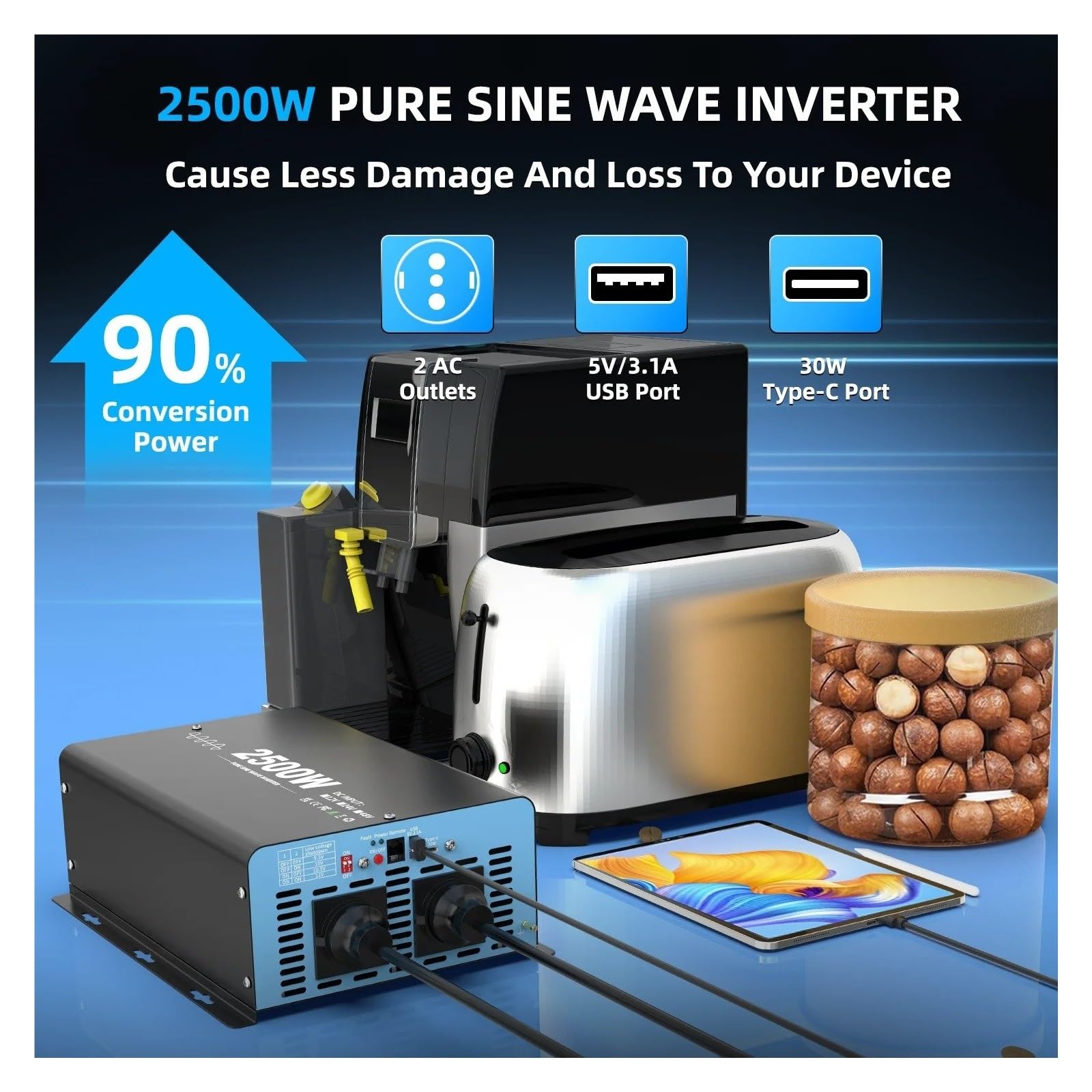 Inversor Inversor Onda Sinusoidal Pura 2500 W Potencia Máxima Continua 5000 W CC 12 V A CA 230 V 50 Hz Enchufe Europeo LCD Portátil Accesorios para Coche.