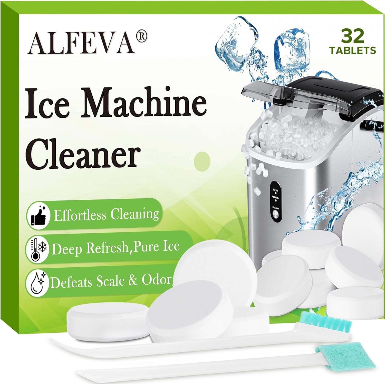Ice Machine Cleaner and Descaler Kit- 32 Tablets with 2 Specialized cleaning brushes,ice maker cleaner Ideal for Frigidaire,Opal,GE Profile, Kitchenaid countertop units.Removes Lime Scale,Calcium.