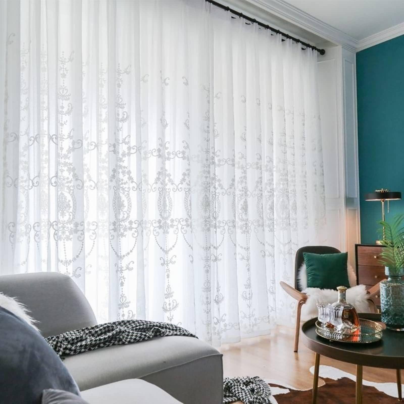 Voilage blanc de salon broderie florale raffinée rideaux 102x160cm