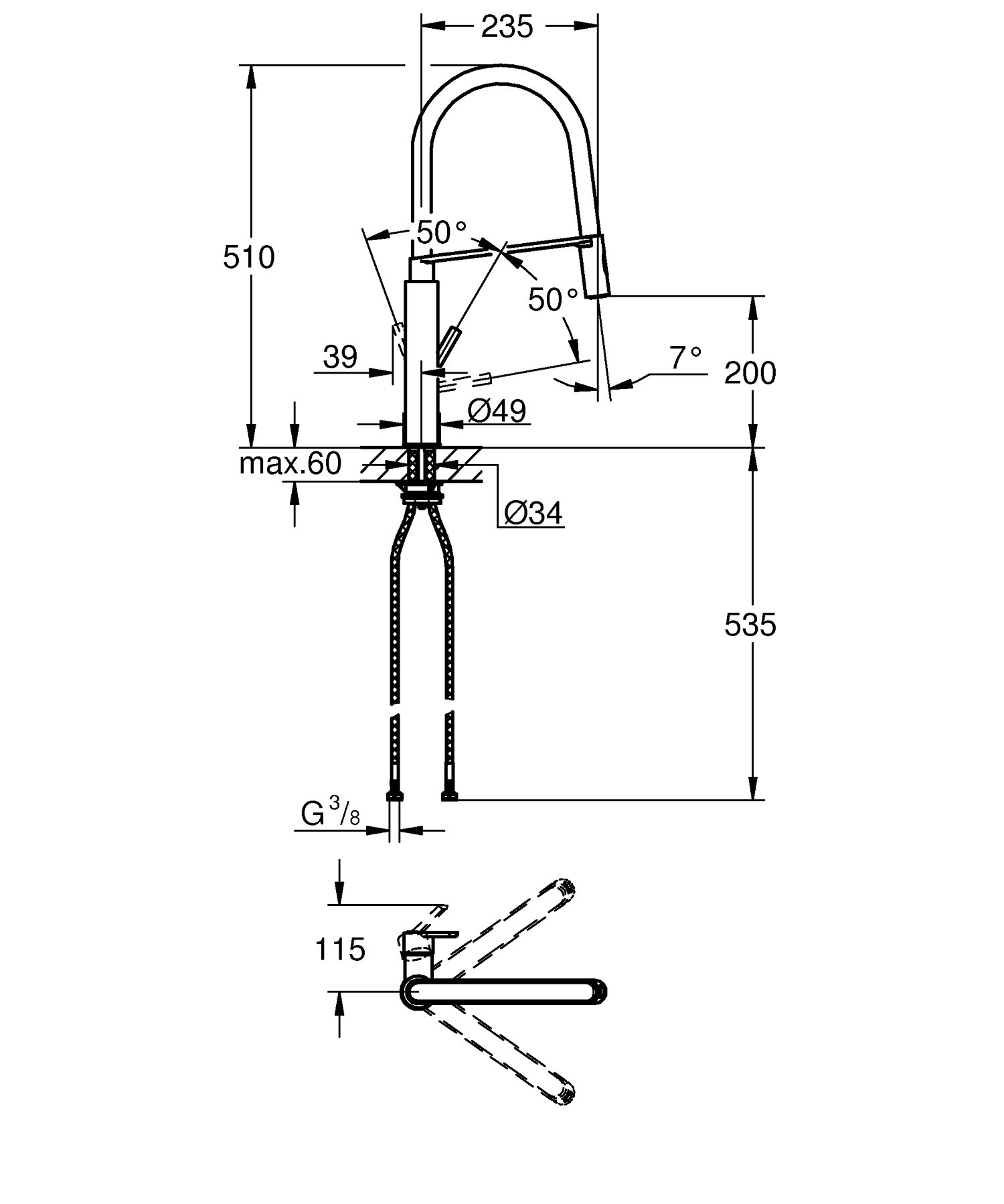 GROHE Feel - bateria zlewozmywakowa jednoręczna (profesjonalna słuchawka, zakres obrotu 360°), supersteel, 31489DC0