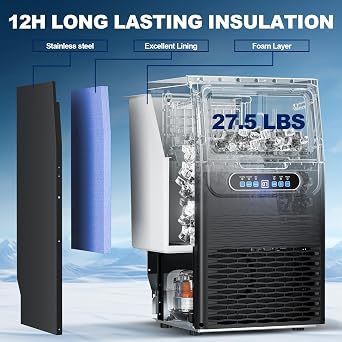 Ice Maker Commercial Ice Machine 110Lbs/Day Freestanding Stainless Steel Upon Counter Ice Maker with Scoop Water Filter Pipes for Restaurant Offices Bars Home (110 Lbs/24H)