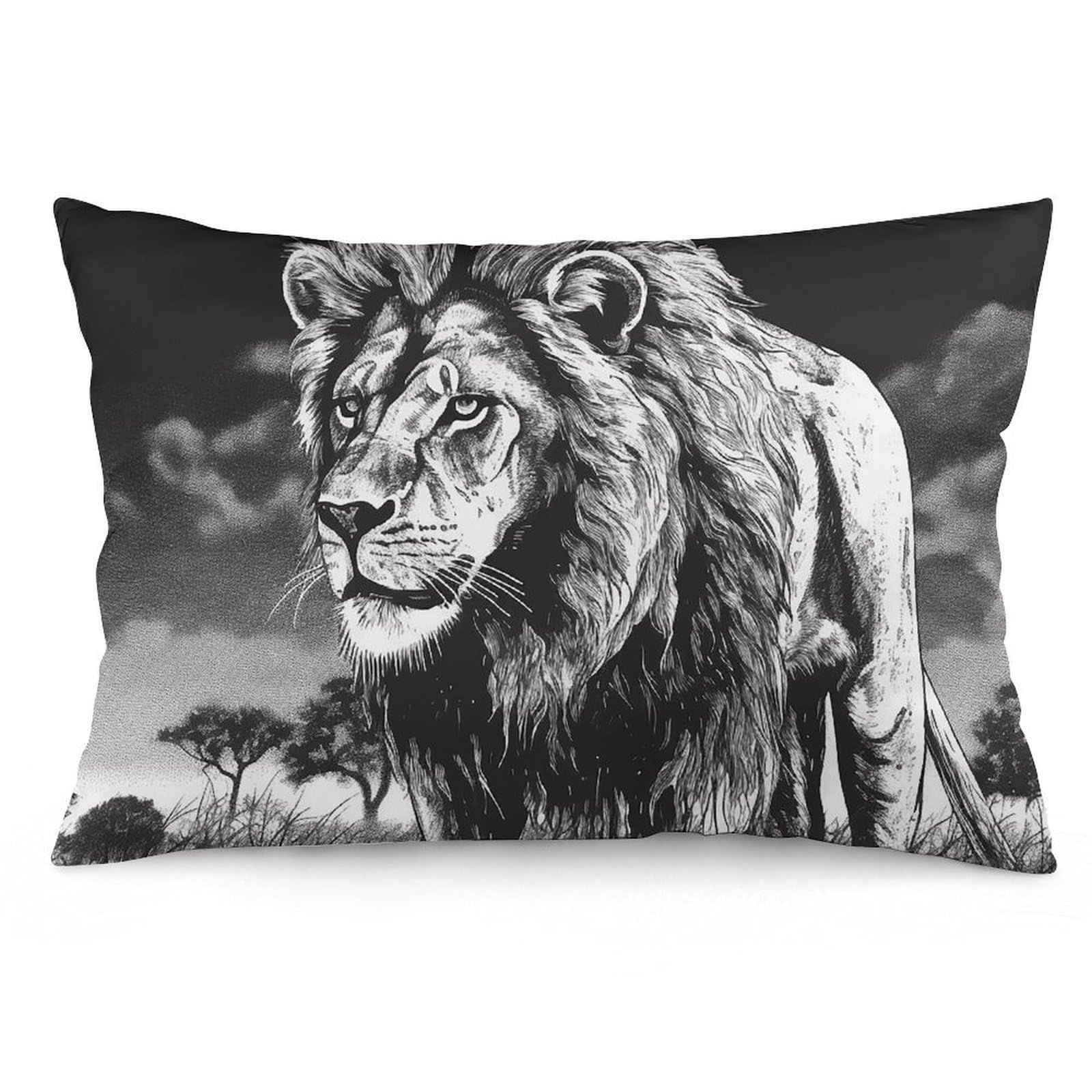 2 Pack Pillow Cases for Hair and Skin, Soft Breathable Pillow Case Covers with Hidden Zipper, Lion Black and White Illustration Pillowcase 12 "x20 Pillow Covers for Sleeping Gift