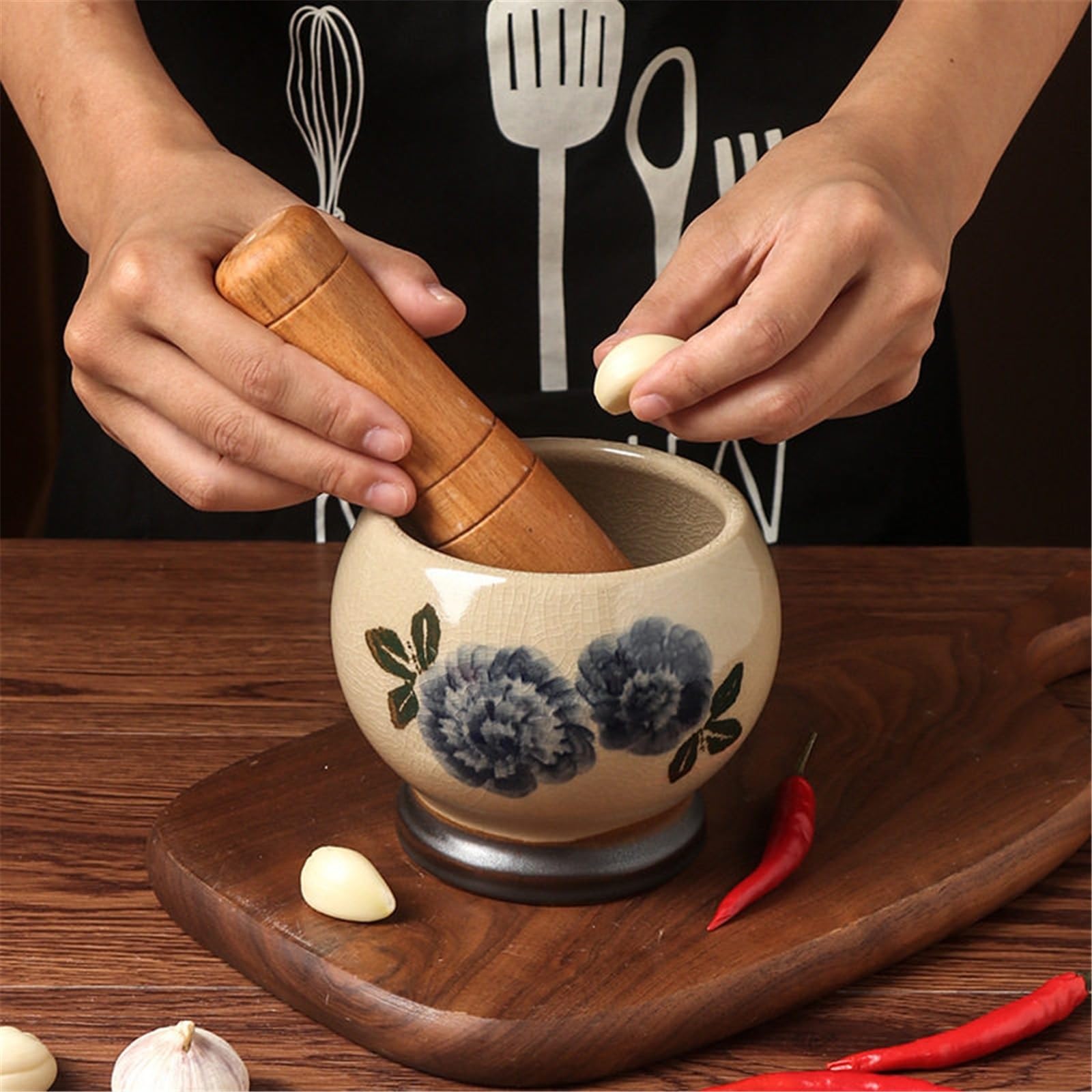 Paste Set di mortaio e pestello in porcellana, ciotola in ceramica for uso cucina(Blue)
