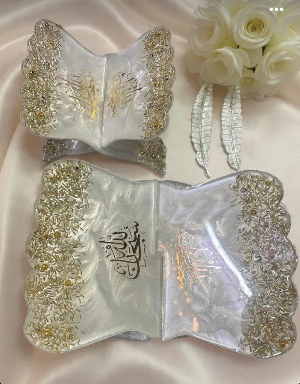 Resin Quran Stand Combo with Arabic Calligraphy | Pearl White & Gold Finish Mother and Daughter Set | Decorative Holy Book Holder for Ramadan, Eid, Prayer Room & Islamic Home Decor-image-44