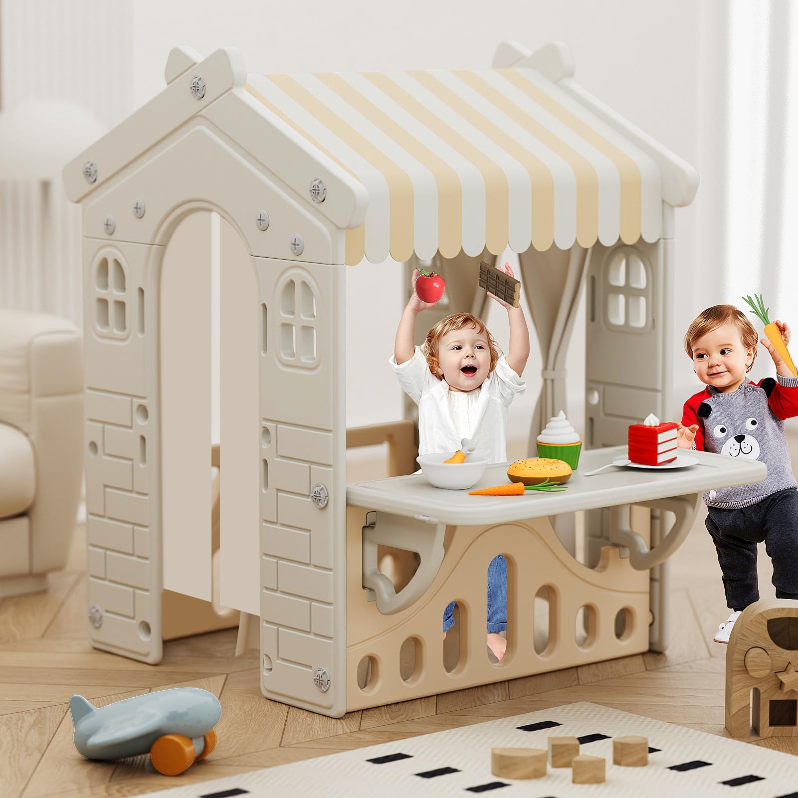 XJD Kids Playhouse, Indoor and Outdoor Playset, with Windows, Realistic Home and Garden Play House for Ages 2 Years Old and Up (Beige Playhouse)
