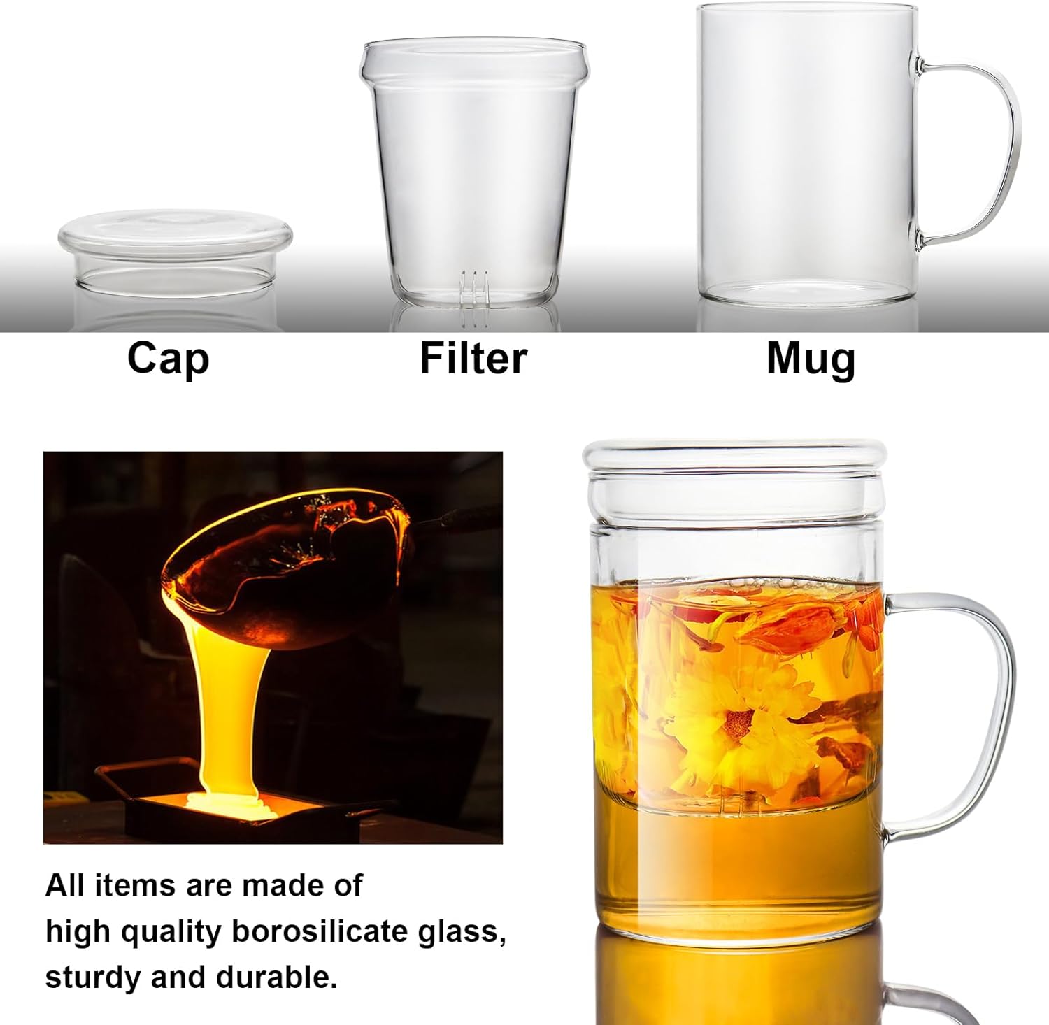 Tea Cup with Infuser and Lid, 14 oz / 400 ml – Borosilicate Glass Tea Infuser Mug for Loose Leaf Teas, Personal Infusion Mug with Filter, Durable and Stylish, Dishwasher Safe, Gift for Teas Lovers - Image 2
