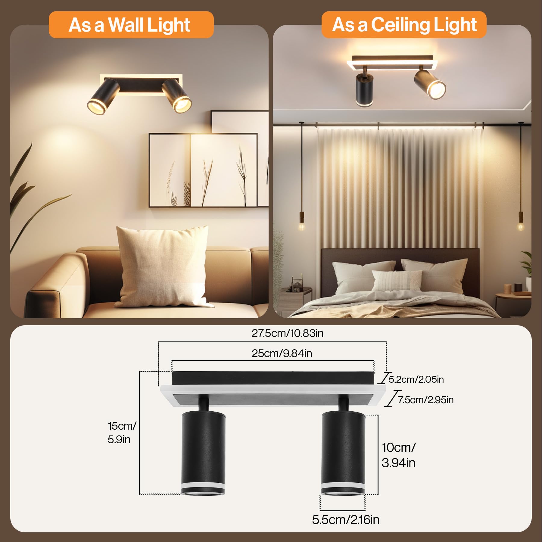 Deckenstrahler LED Schwarz Deckenstrahler 2 Flammig Schwenkbar 350° Strahler Deckenleuchte mit unteres Glühen 8W+2x5W GU10 Spots, Deckenlampe 3000K Warmweiß Küchenlampe für Schlafzimmer