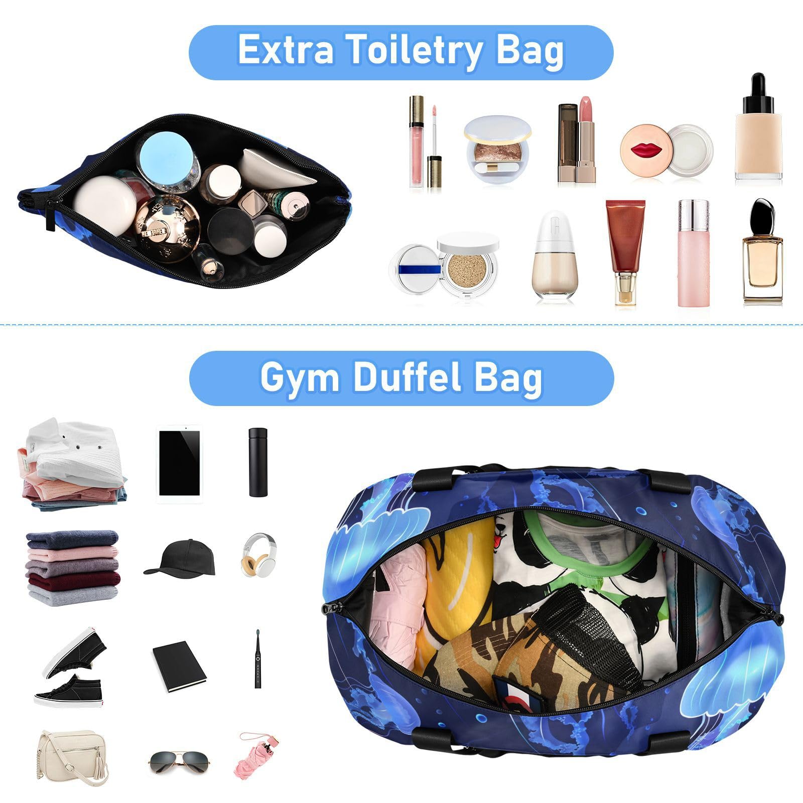 Borsone da viaggio con meduse blu galleggianti in mare, borsa da viaggio con tracolla regolabile, multifunzionale, Medusa blu galleggiante in mare, 1 size