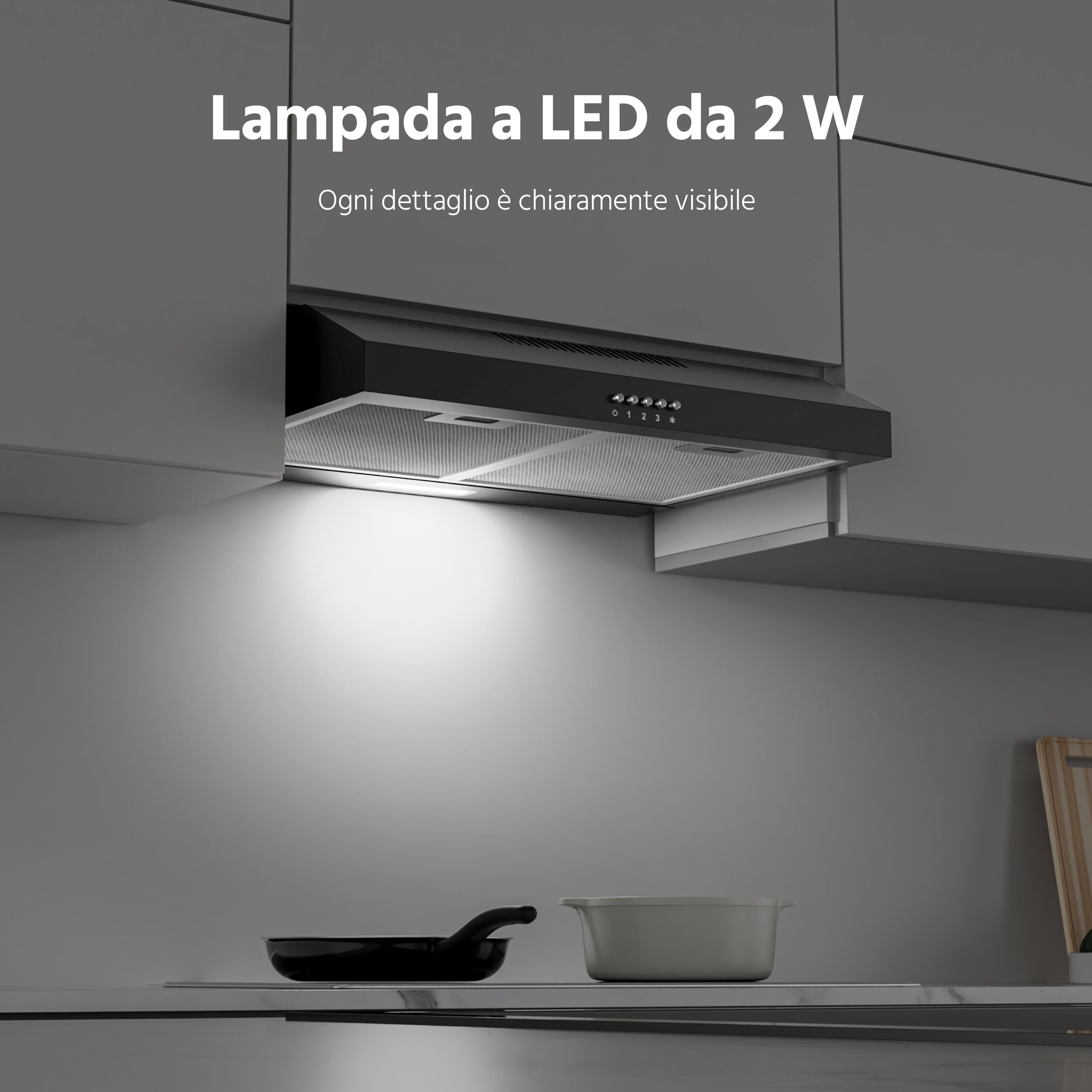 FIREGAS Cappa Aspirante 60 cm, Classe A++ Motore Brushless, Scarico Posteriore o Superiore, Cappa Cucina Sottopensile Silenziosa con 2 Filtri a Carbone Inclusi, LED 2W, Nero