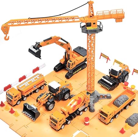 Amazon ミニカー モデルカー建設車両 7種類セット はたらく車 工事カー 作業車両 おもちゃ ショベルカー ミキサー車 ロードローラー ダンプカー トラック ブルドーザー フォークリフト タンクローリー タワークレーン 工事現場 収納箱入り 慣性 模型 遊び 子ども 男の子