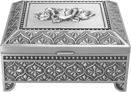 Vintage Metal Jewelry Box, Trinket Jewelry Storage Box, Vintage Rose Pattern Embossed Trinket Box, Treasure Chest Organizer, Jewelry Display Box for Birthday Gift Home DecorAntique Silver