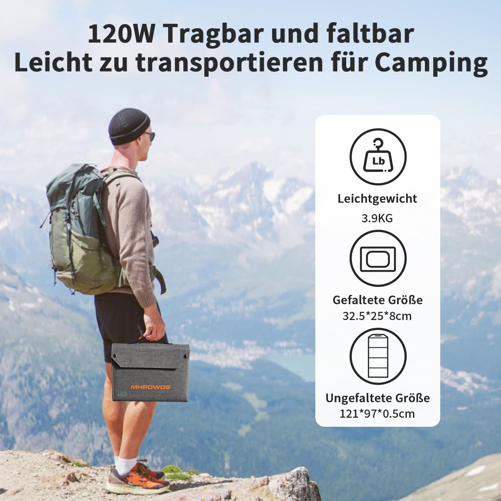 120W Tragbares Solarpanel, 19V faltbares Solarladegerät mit USB C, USB A und DC Ausgängen, IP65 Wasser- und staubdicht, für tragbare Power Station, iPhone, iPad, Camping, Wandern, Outdoor-Reisen