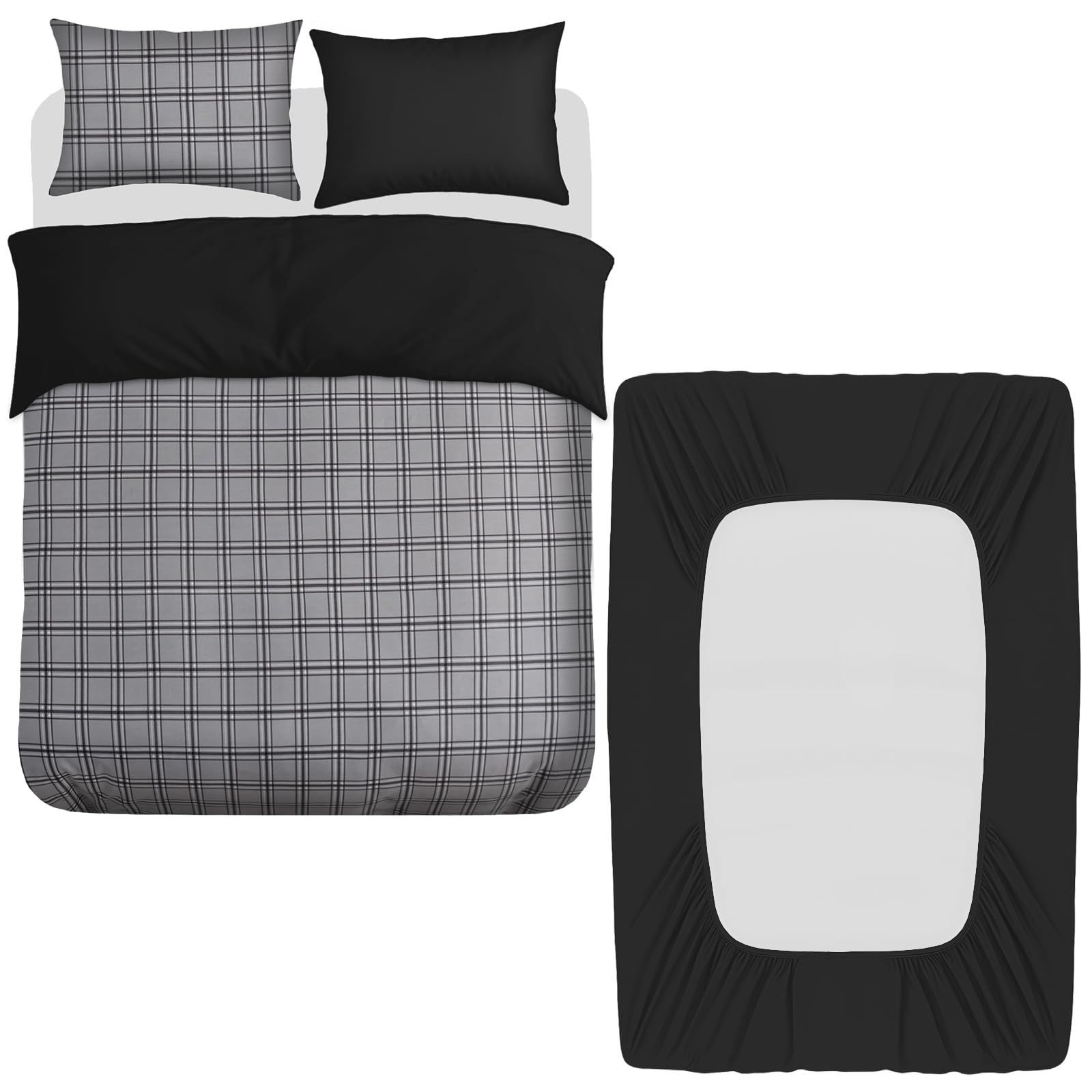 Grace Grey & Black 4 Pcs Super King Duvet Set With Matching Black Super King Fitted Sheet 40 Cm Extra Deep Pocket - Premium Microfibre Reversible Quilt Cover Bedding Set For All Seasons