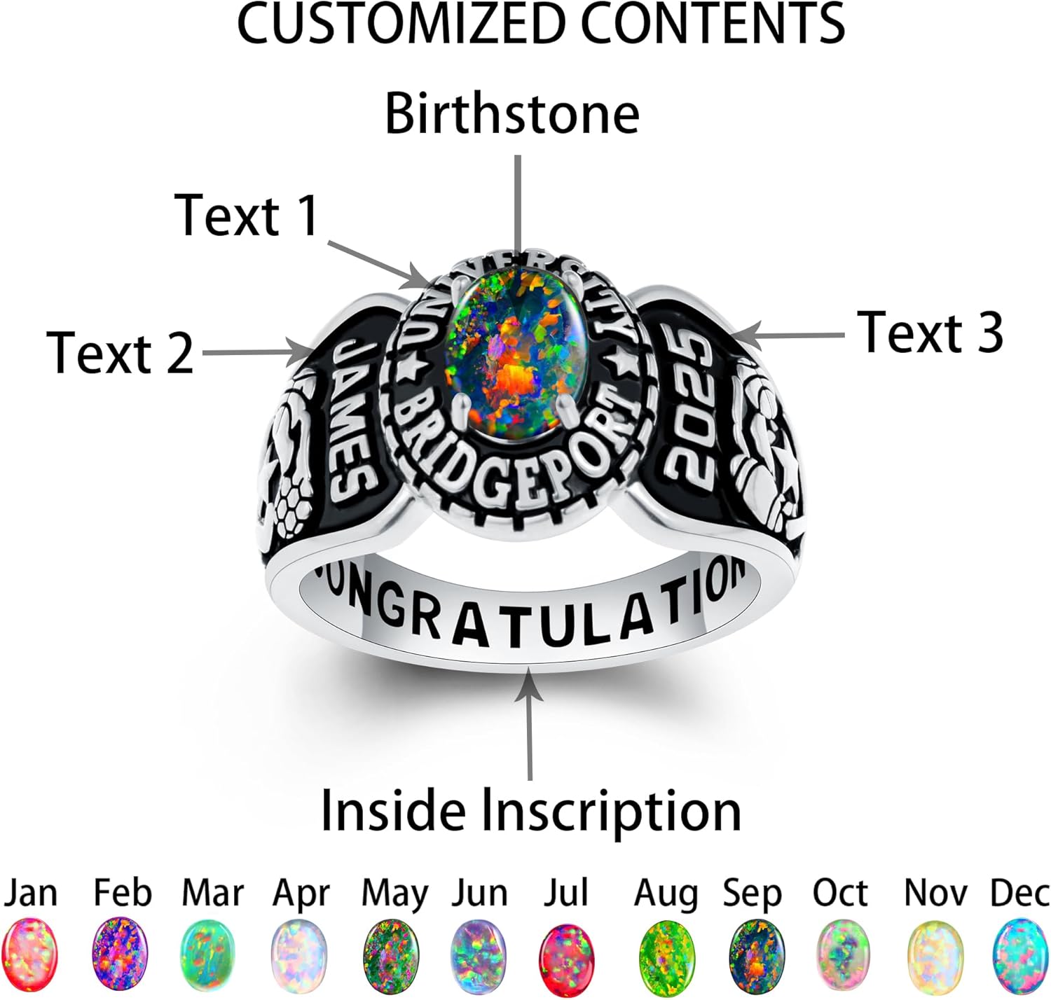 Custom Class Rings Fully Personalized Class Rings for Women Opal Birthstone Sterling Silver Rings Class Rings for Women High School Size 5-13 Women's High School Class Rings