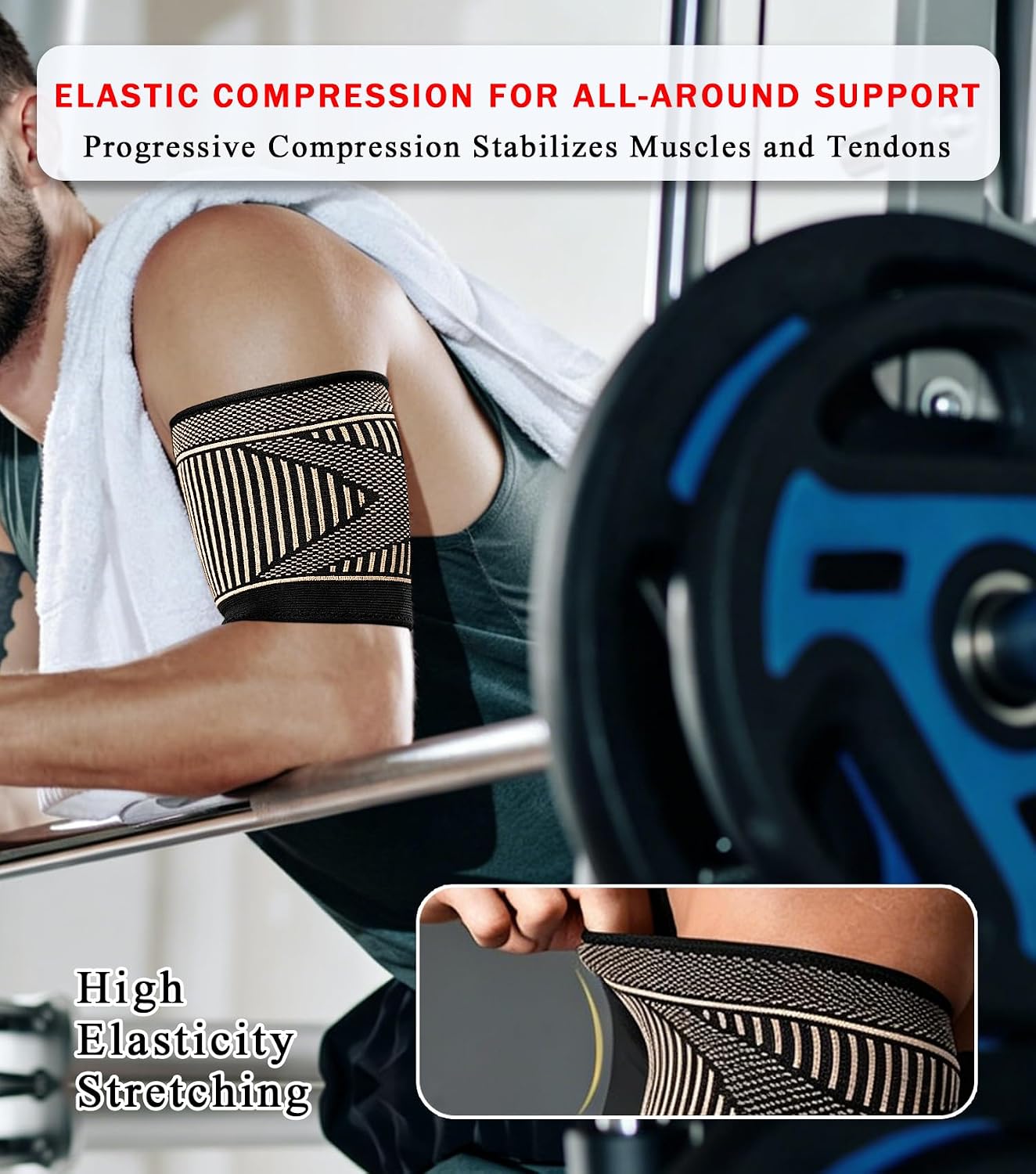 1 Pair Bicep Compression Sleeve for Pain Relief, Bicep Tendonitis Brace for Muscle Strains Recovery, Upper Arm Sleeves for Workouts (Black and Brown, Large)
